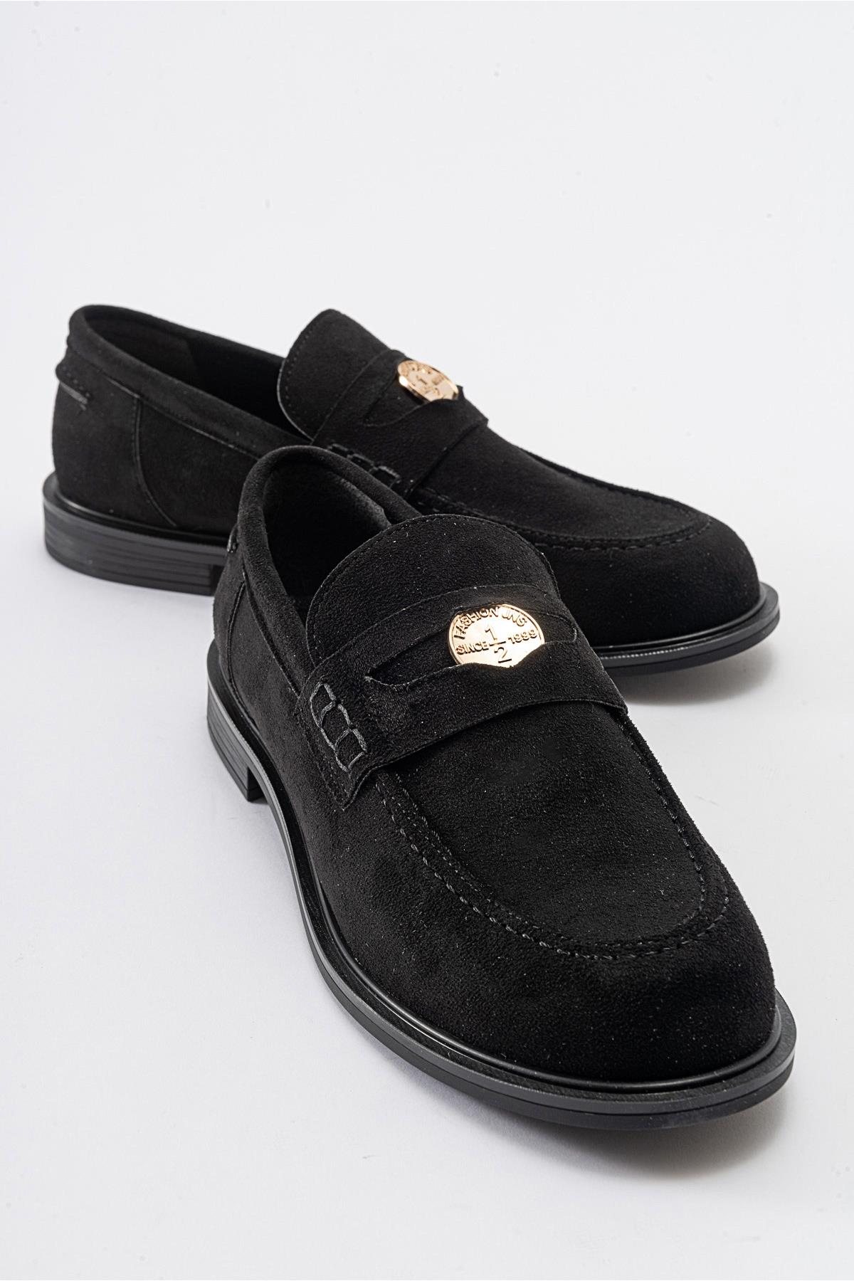 Bloss - Black Suede Loafer – front three-quarter view showing leather, suede, black, Vowalisse