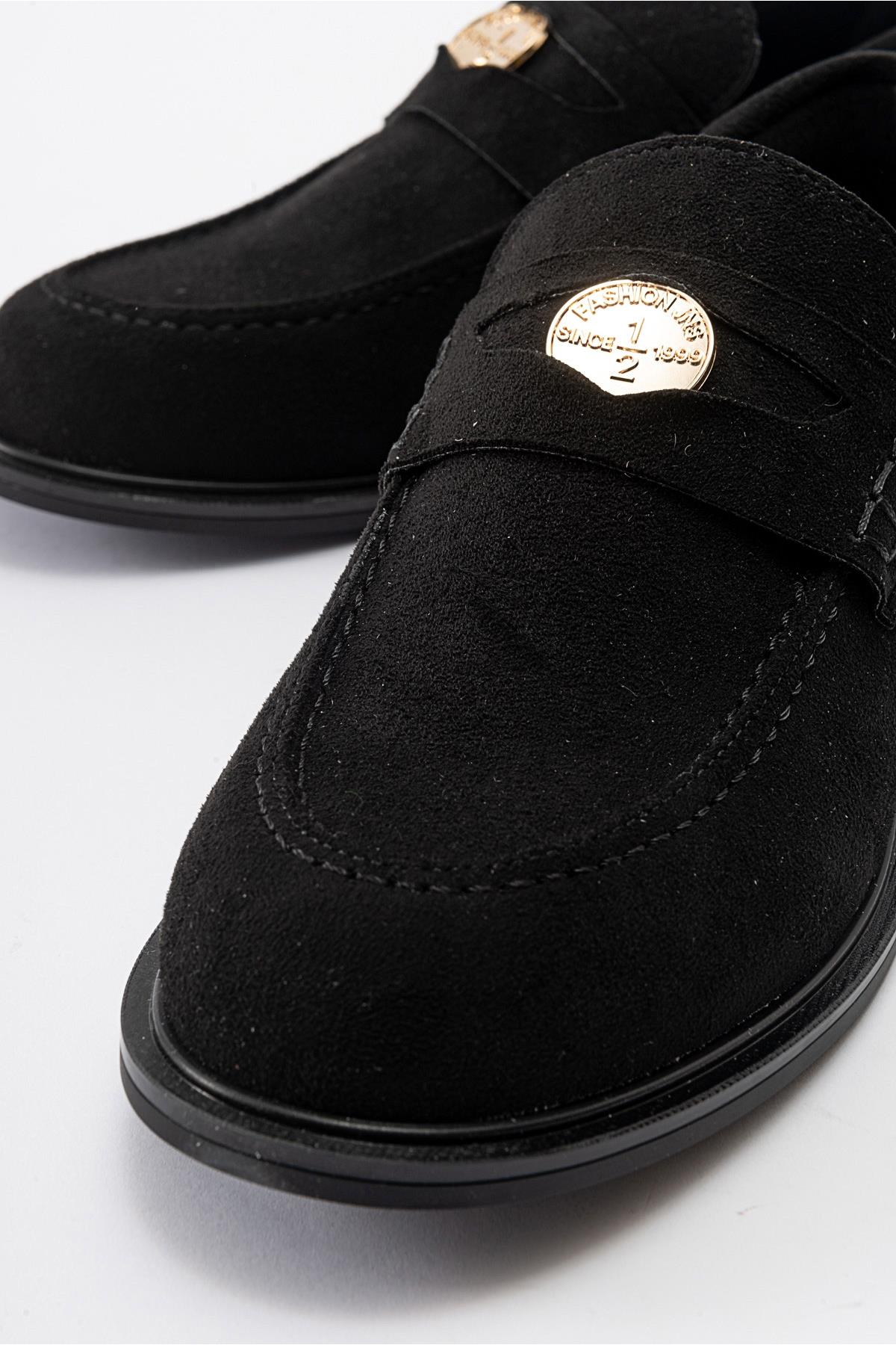 Bloss - Black Suede Loafer – heel view showing leather, suede, black, Vowalisse