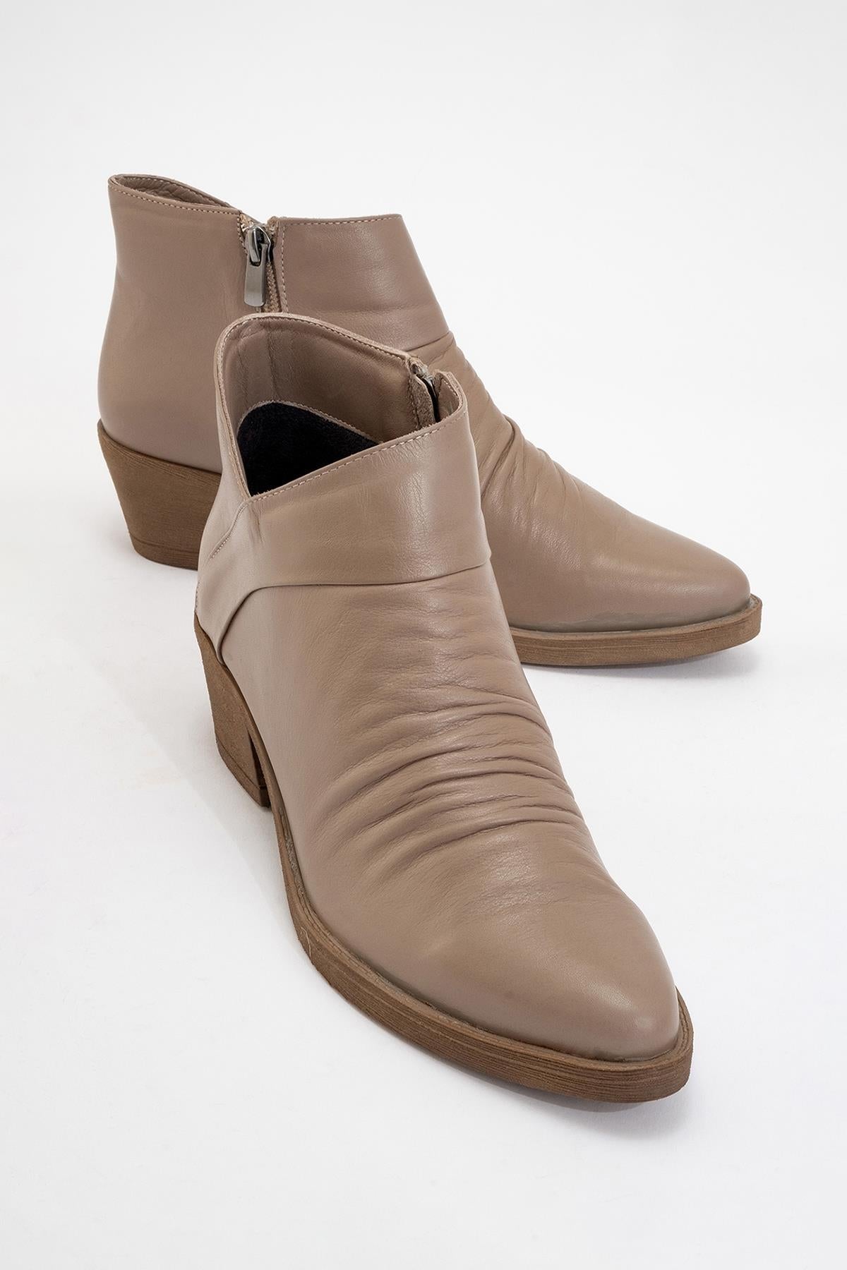 Rule - Taupe Genuine Leather Block Heel Boot – front three-quarter view showing leather, Vowalisse