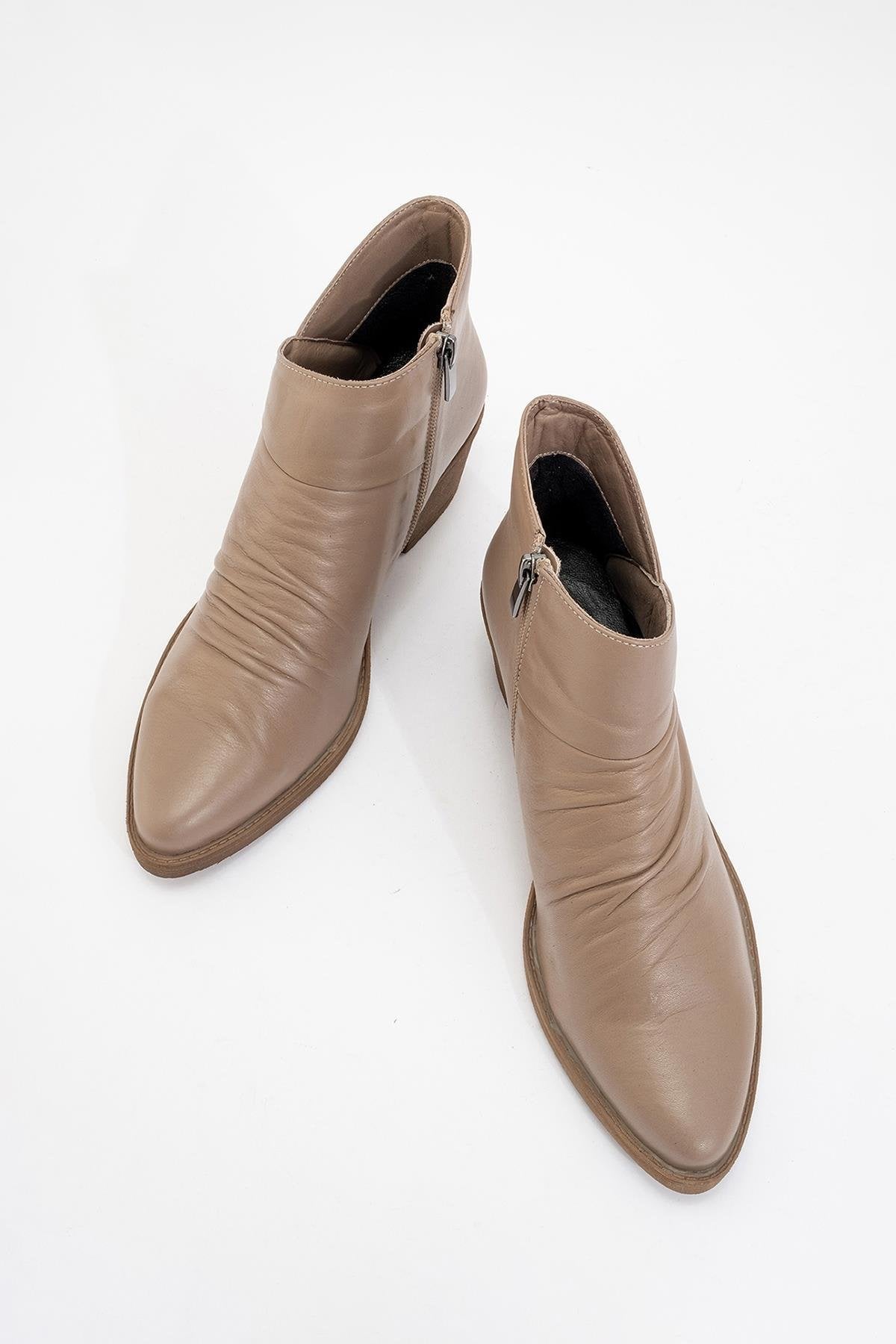 Rule - Taupe Genuine Leather Block Heel Boot – side view showing leather, Vowalisse