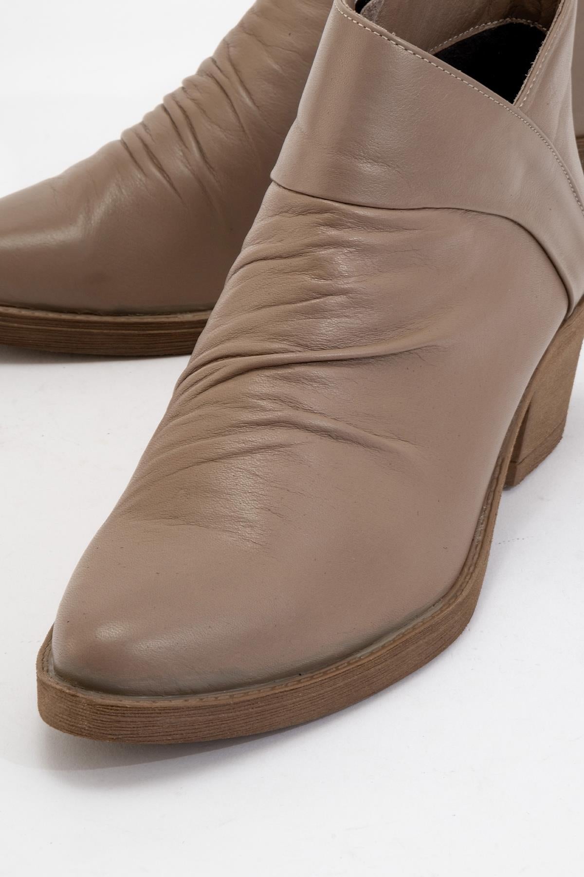 Rule - Taupe Genuine Leather Block Heel Boot – detail view showing leather, Vowalisse