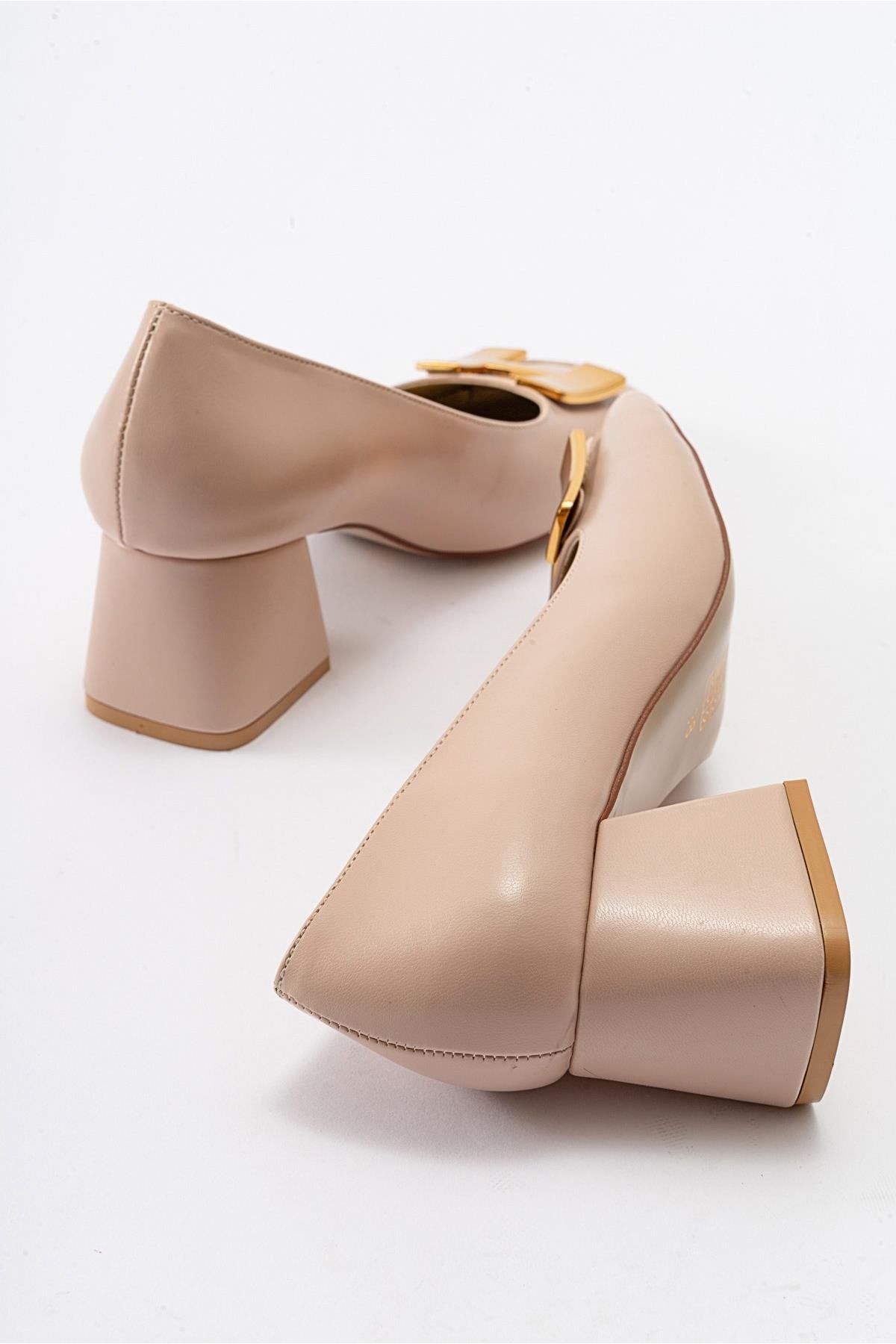 Elois - Beige Gold Buckled Heeled Shoe – side view showing leather, gold, Vowalisse