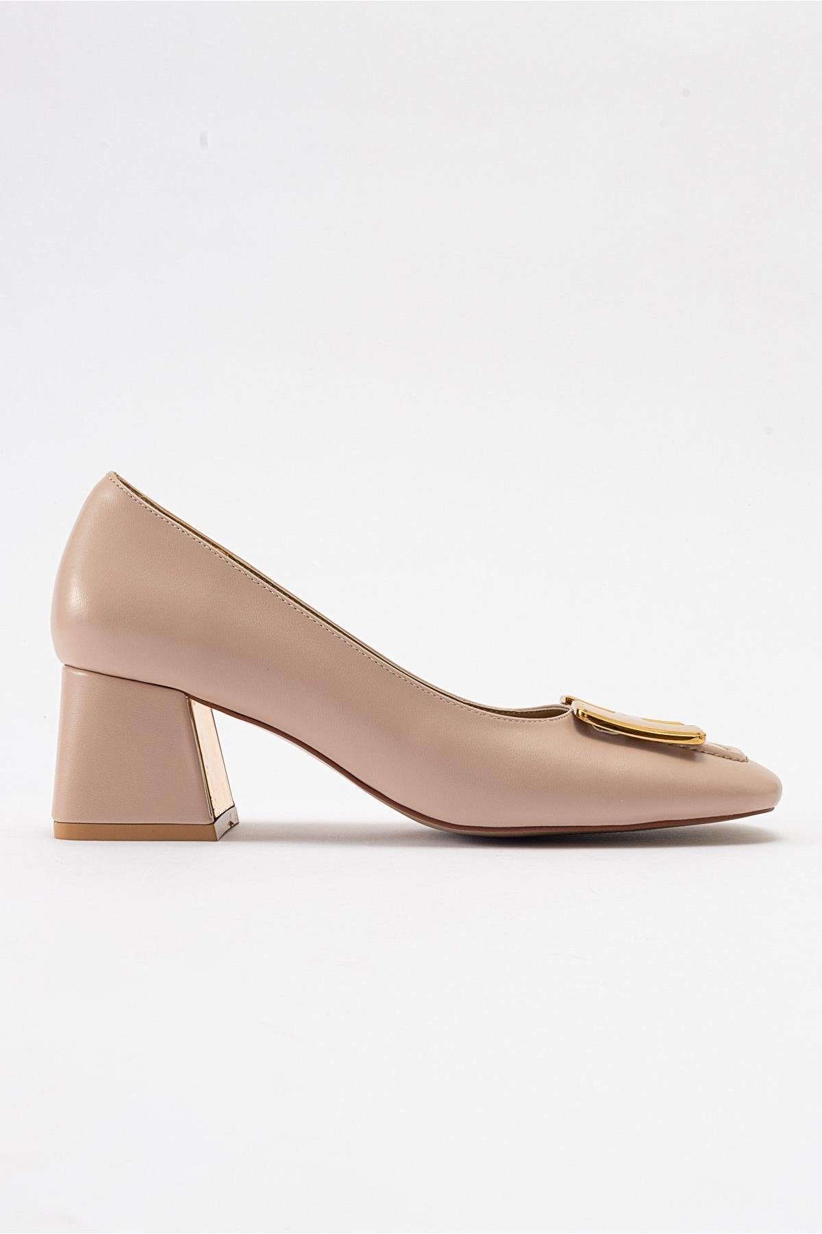 Elois - Beige Gold Buckled Heeled Shoe – top view showing leather, gold, Vowalisse