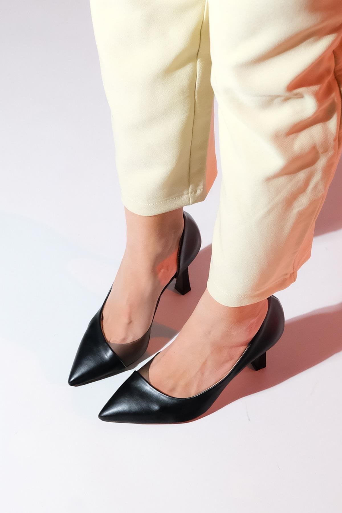 Ursula - Black Heeled Shoe – pair view showing leather, black, Vowalisse