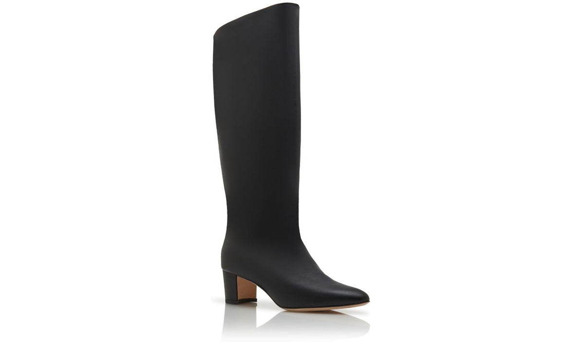 Celeste Lace Black Pointed Toe Knee-High Boots – top view showing black pointed toe, Vowalisse