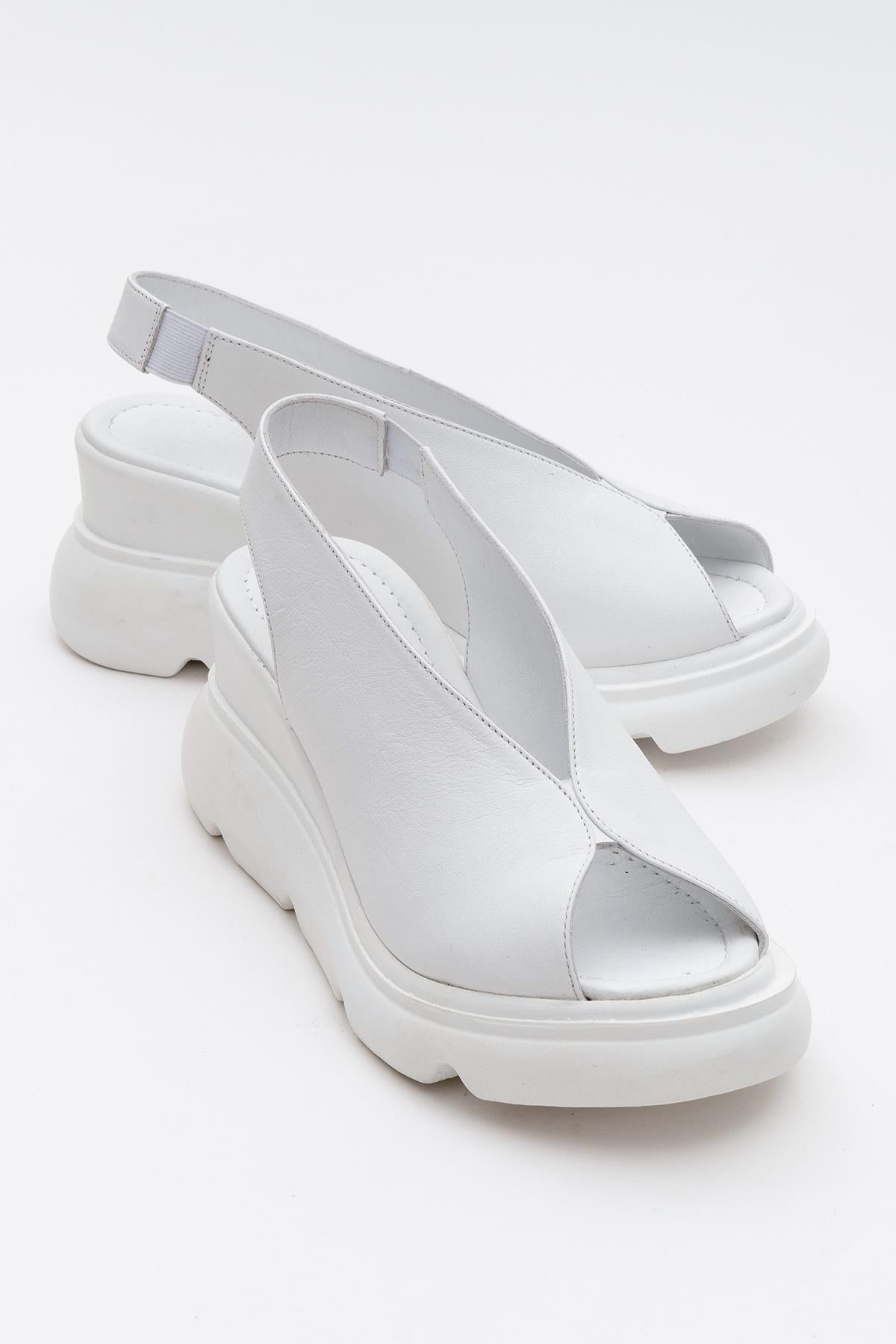 Sam - White Genuine Leather Platform Wedge Sandal – front three-quarter view showing leather, white, Vowalisse
