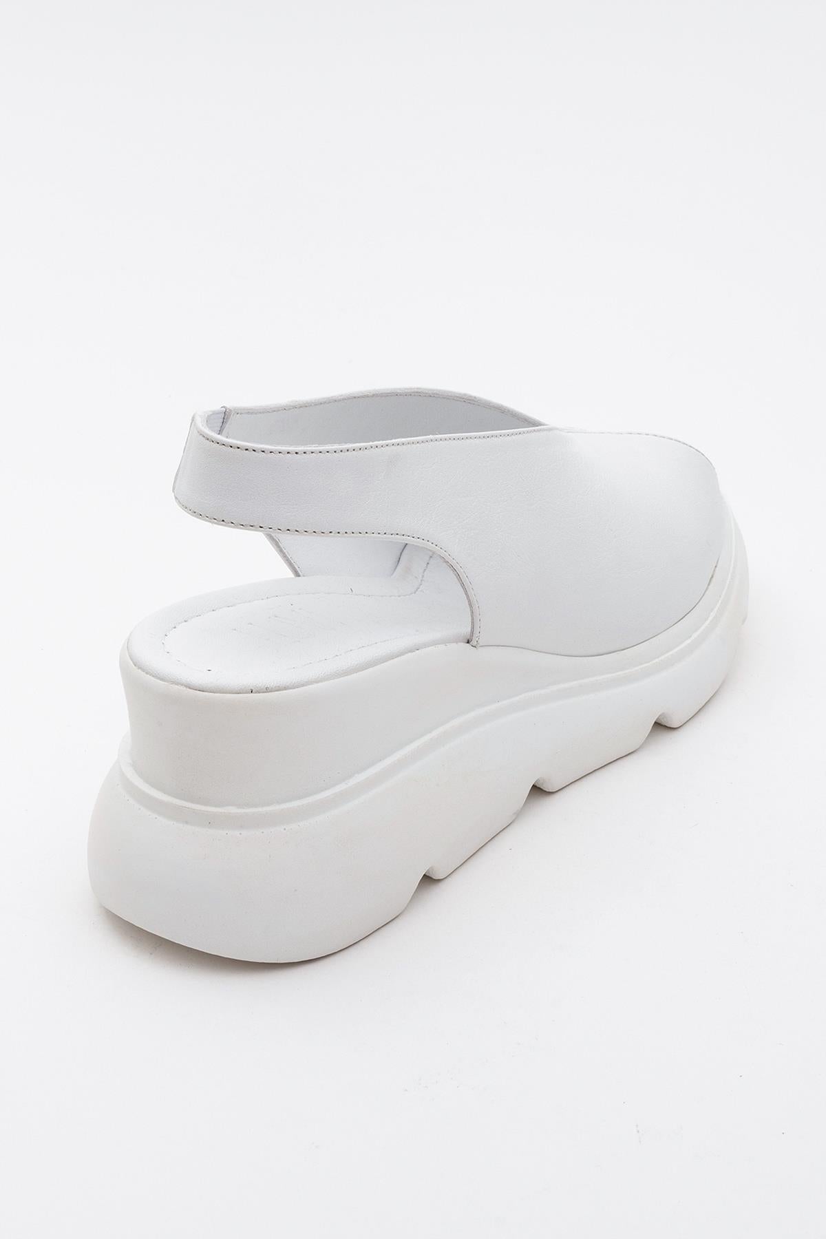 Sam - White Genuine Leather Platform Wedge Sandal – heel view showing leather, white, Vowalisse