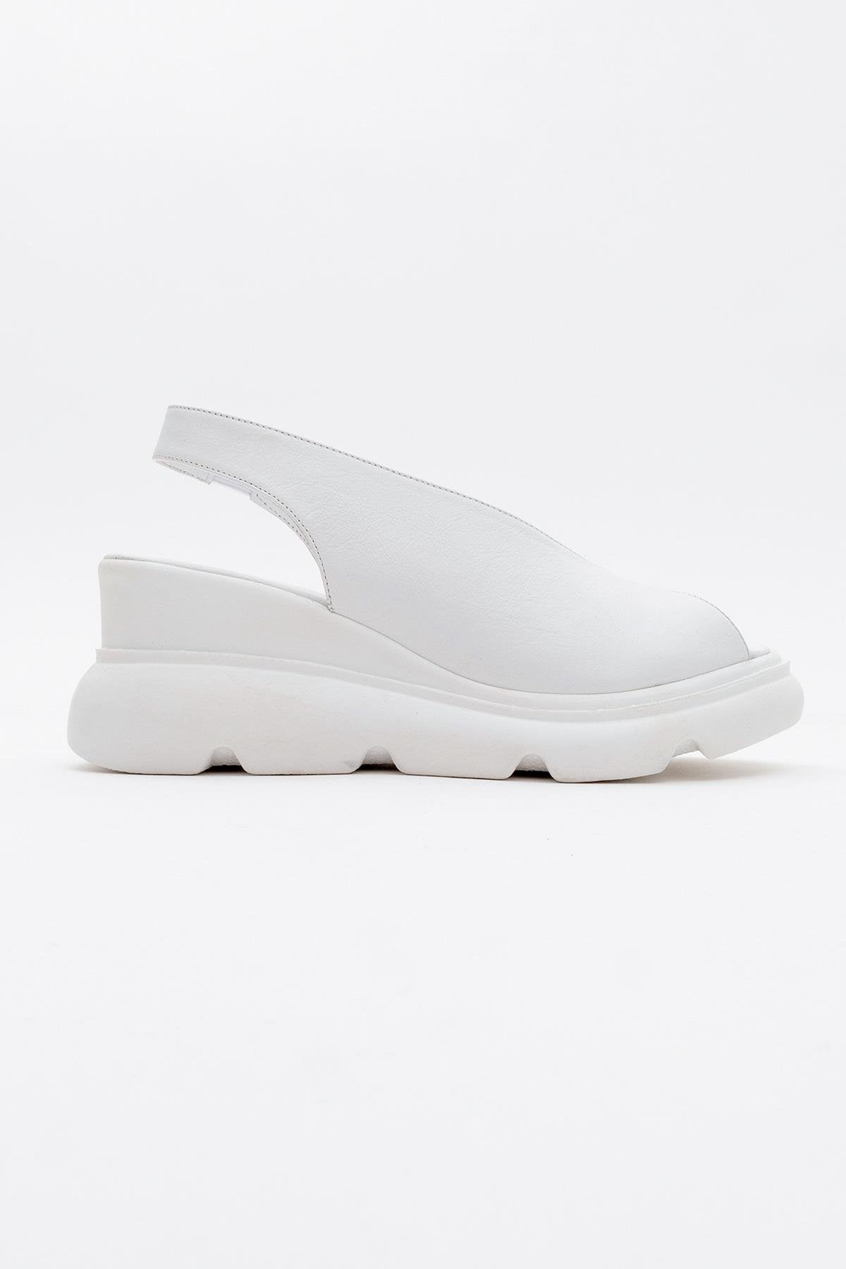 Sam - White Genuine Leather Platform Wedge Sandal – back view showing leather, white, Vowalisse
