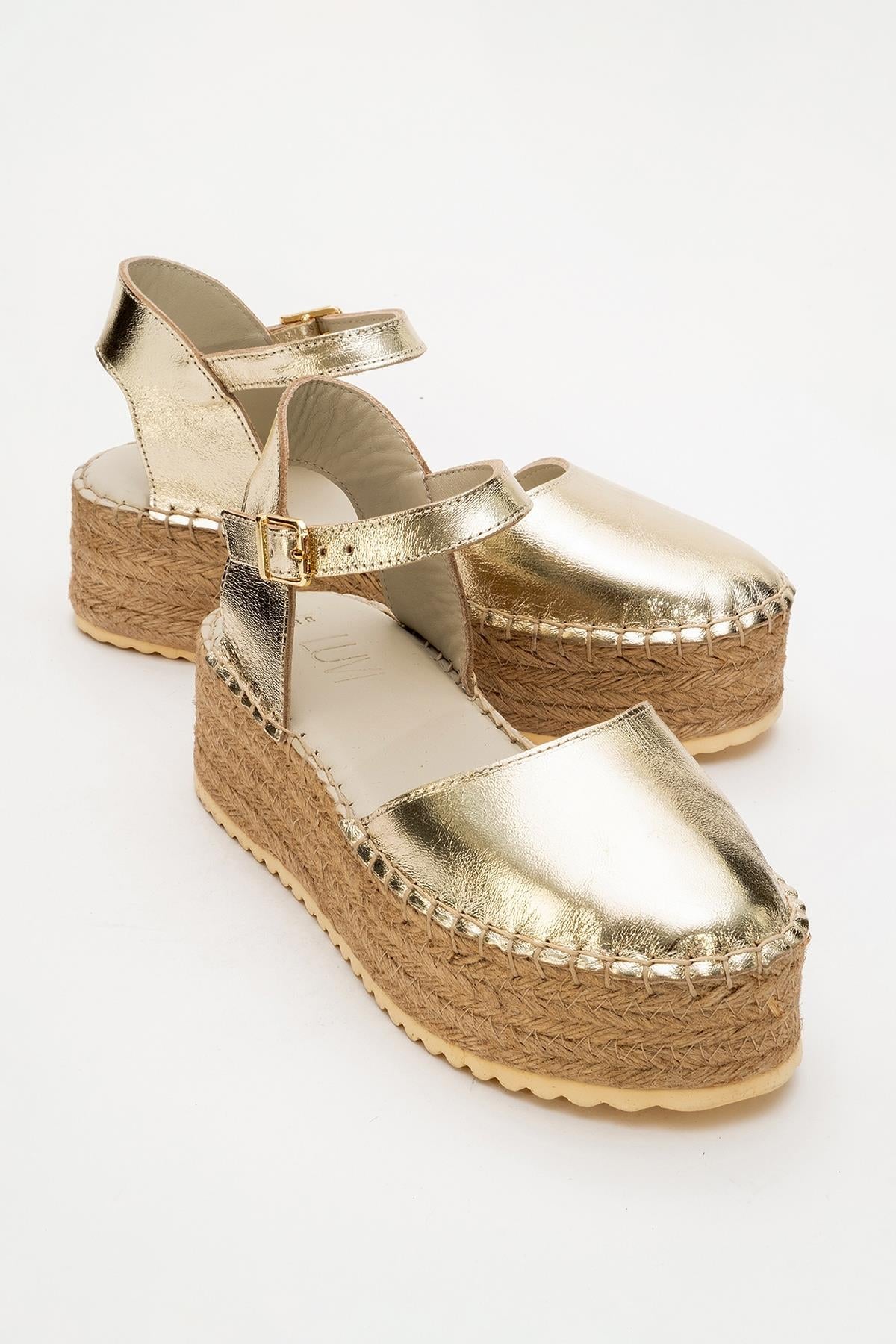 Viba - Gold Leather Espadrilles – front three-quarter view showing leather, suede, gold, Vowalisse