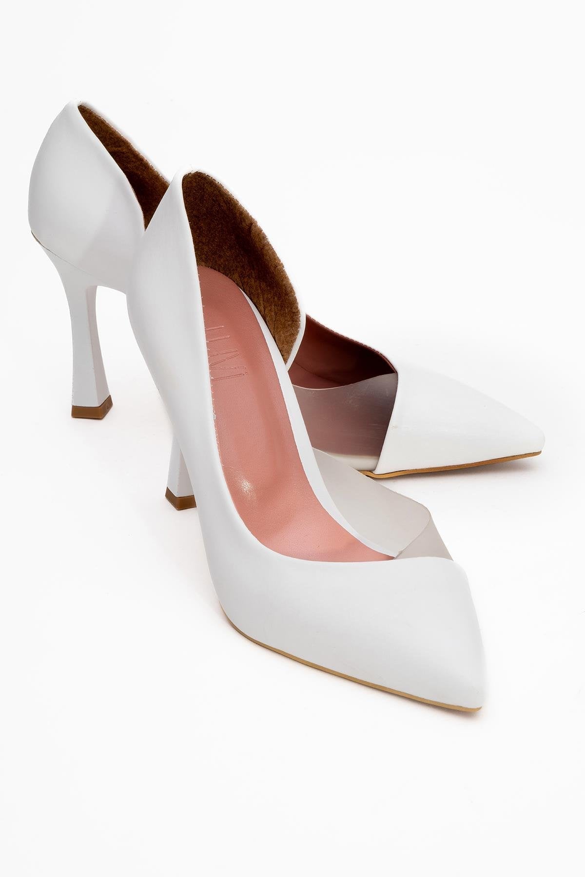 Ursula - White Heeled Shoe – front three-quarter view showing leather, white, Vowalisse