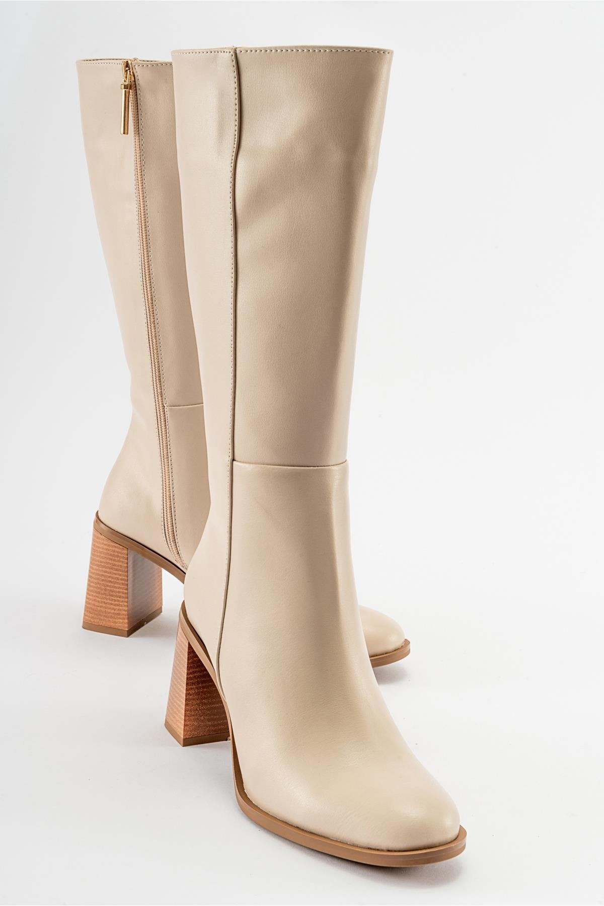 Maranta - Beige Heeled Knee-High Boot – front three-quarter view showing leather, Vowalisse
