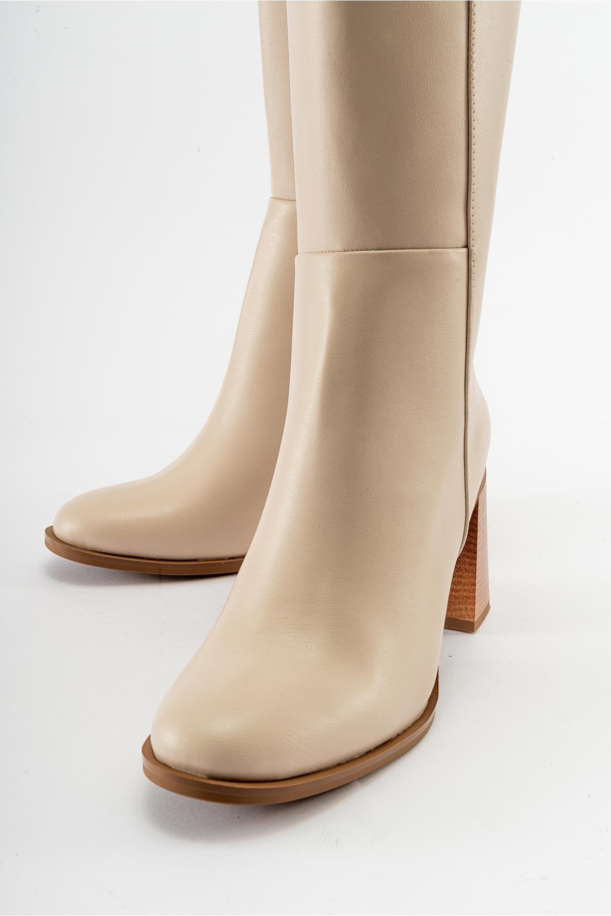 Maranta - Beige Heeled Knee-High Boot – back view showing leather, Vowalisse