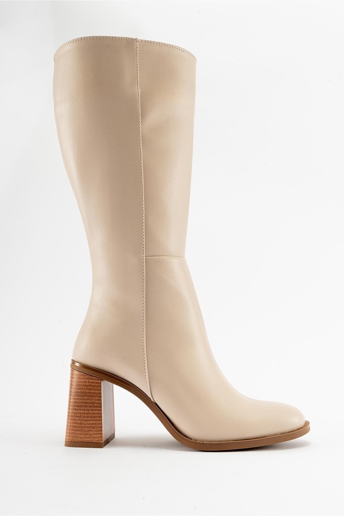 Maranta - Beige Heeled Knee-High Boot – top view showing leather, Vowalisse