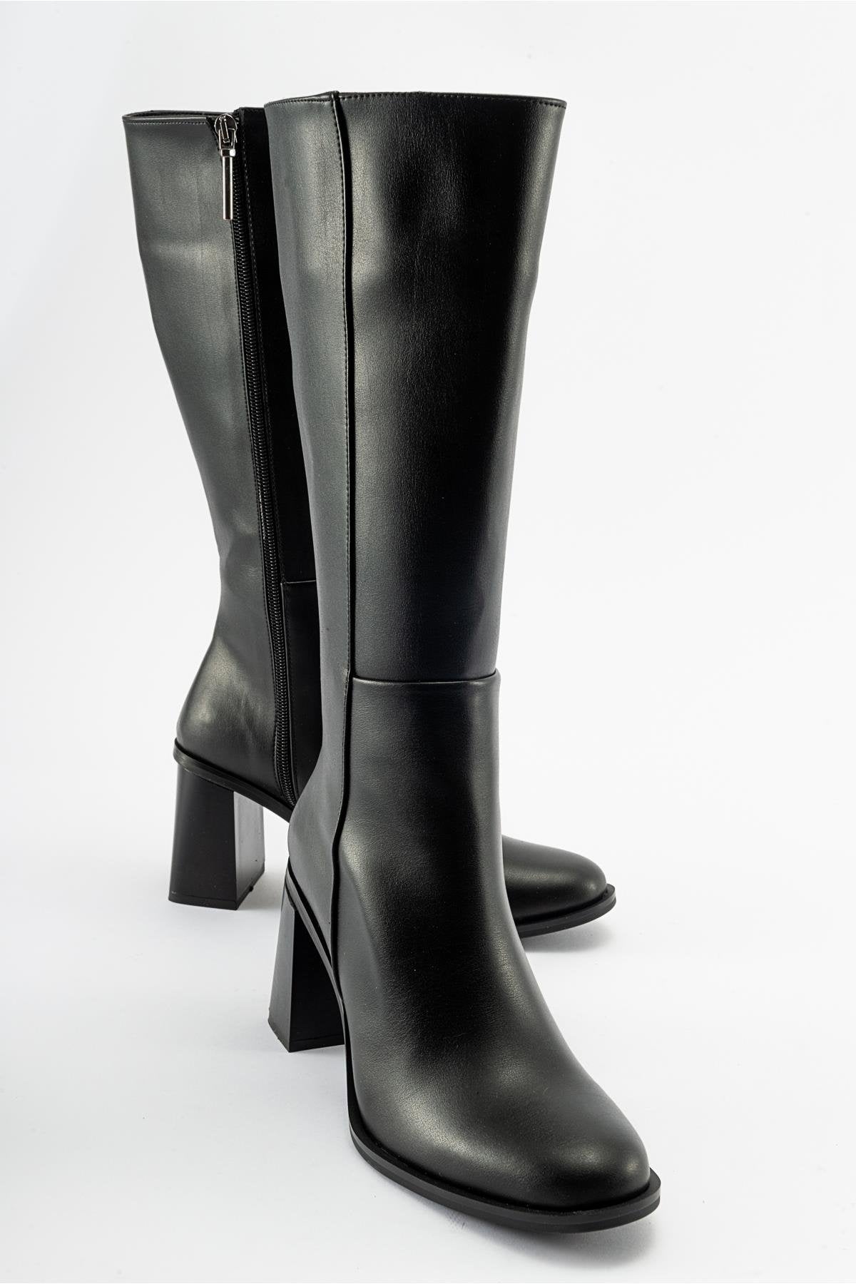 Maranta - Black Heeled Knee-High Boot – front three-quarter view showing leather, black, Vowalisse