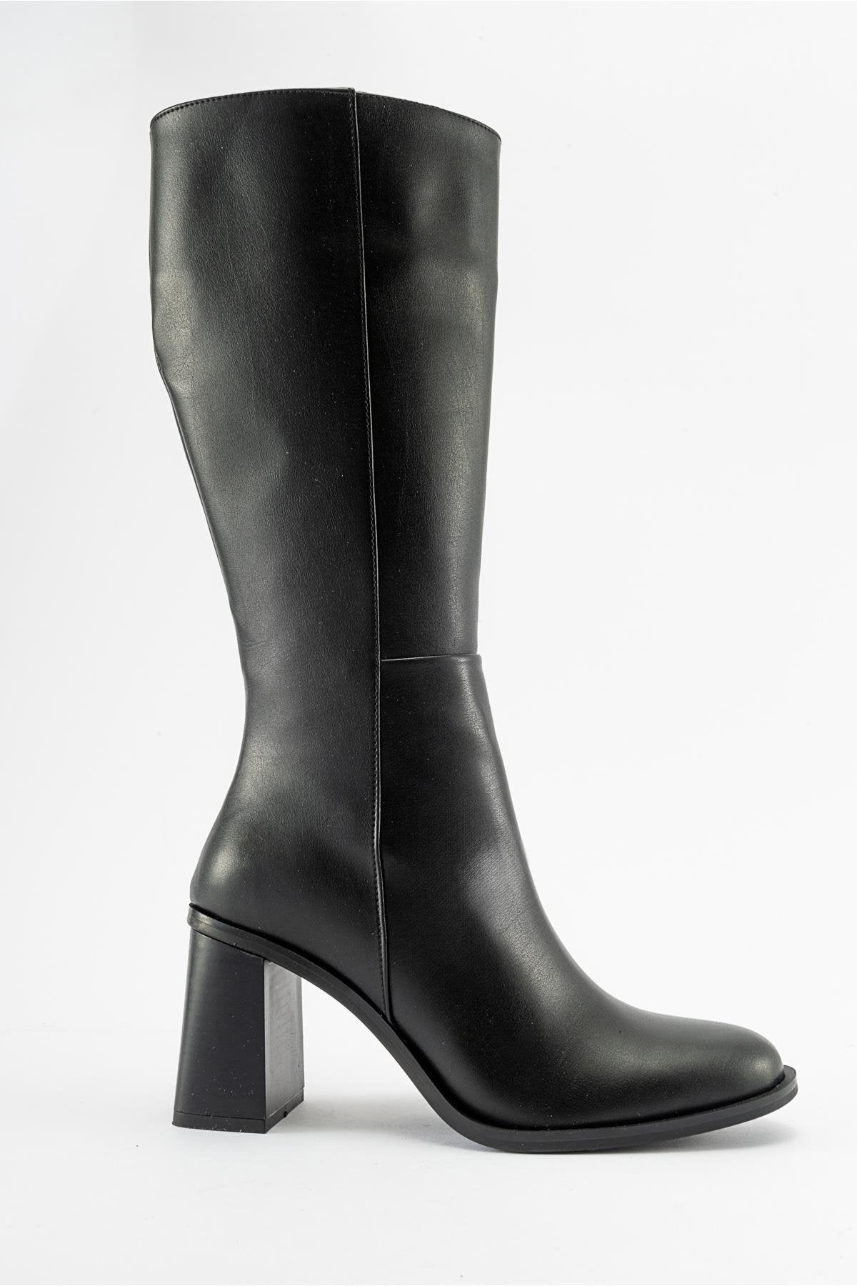 Maranta - Black Heeled Knee-High Boot – top view showing leather, black, Vowalisse