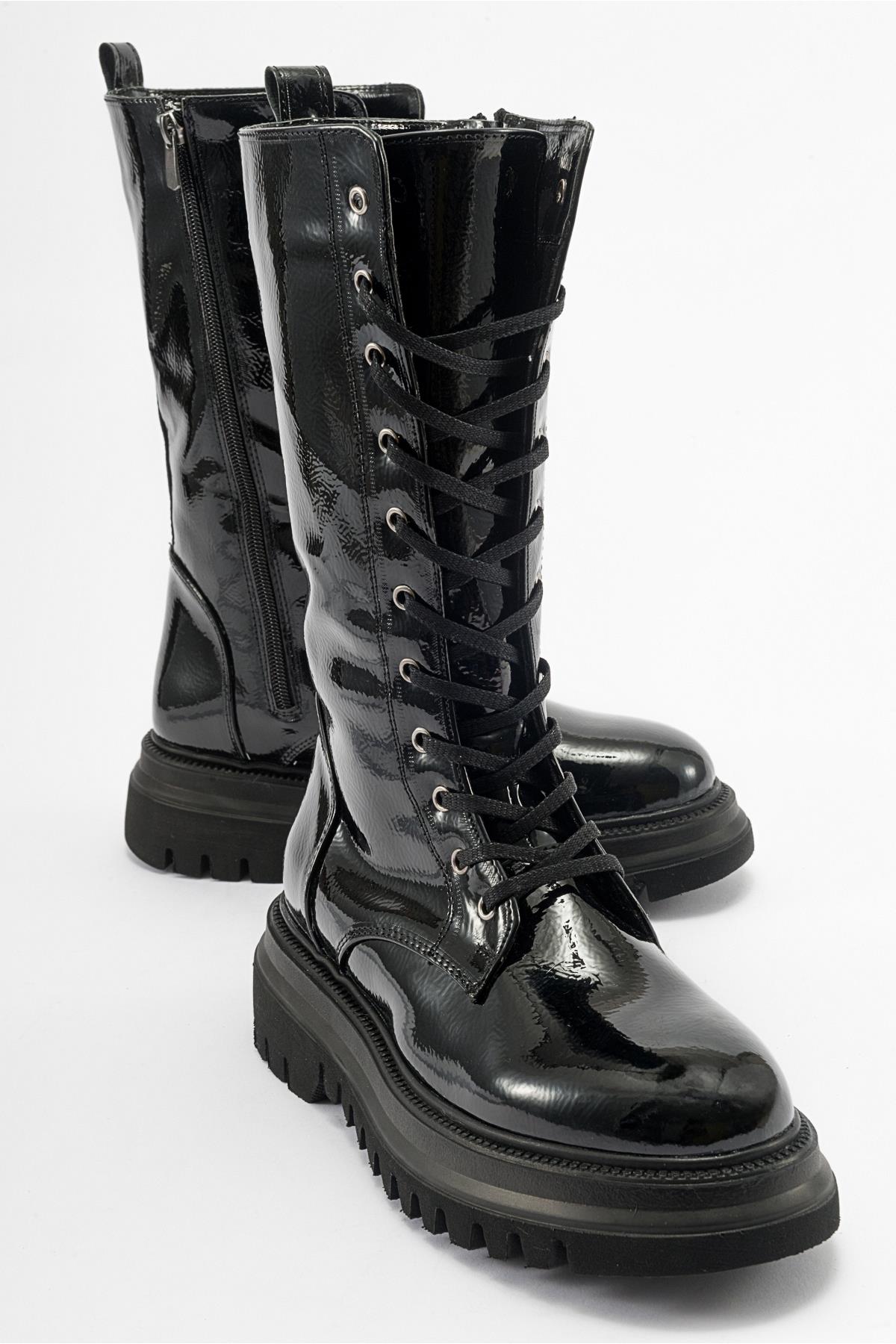 Piola - Black Crinkled Patent Lace-Up Zip Combat Boot – front three-quarter view showing lace, leather, black, Vowalisse
