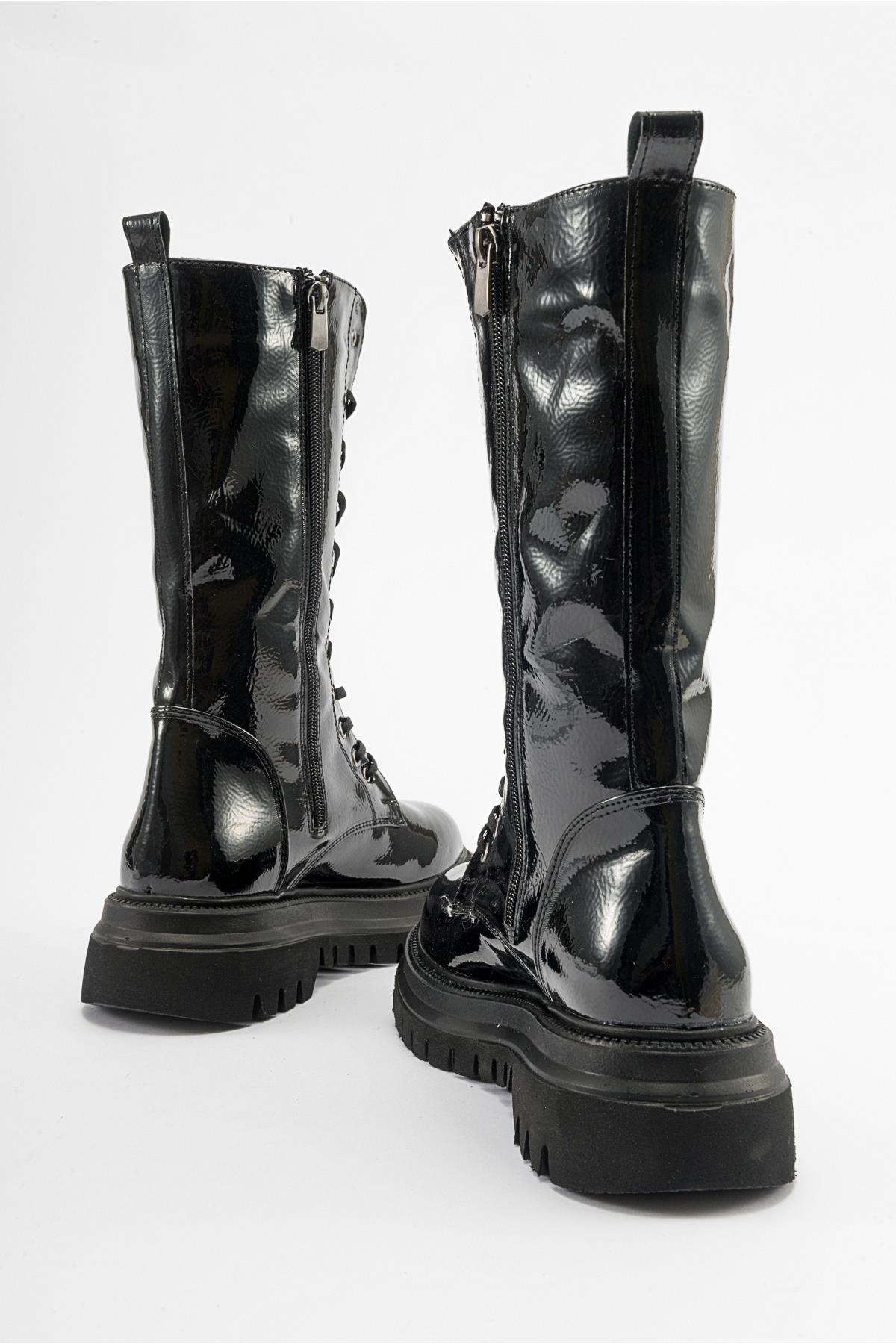 Piola - Black Crinkled Patent Lace-Up Zip Combat Boot – back view showing lace, leather, black, Vowalisse