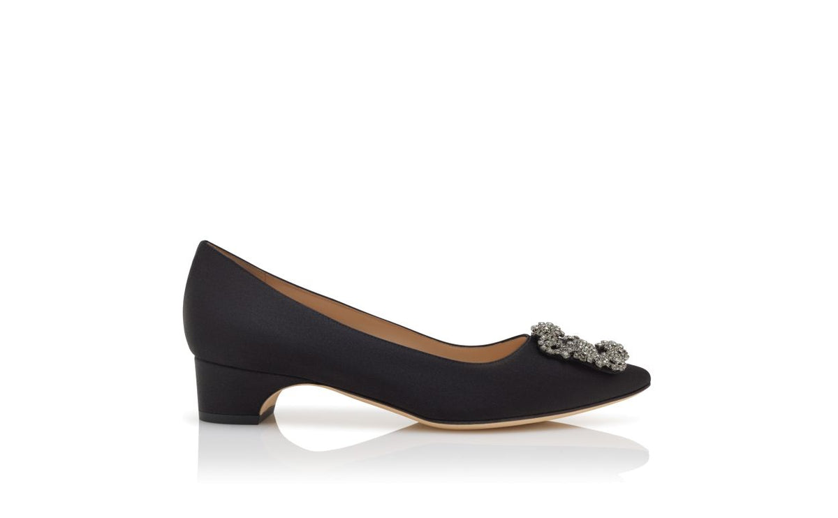 Juliette Shine Black Jewel Buckle Pumps – side profile showing black jewel buckle, crystal buckle, almond toe, satin…