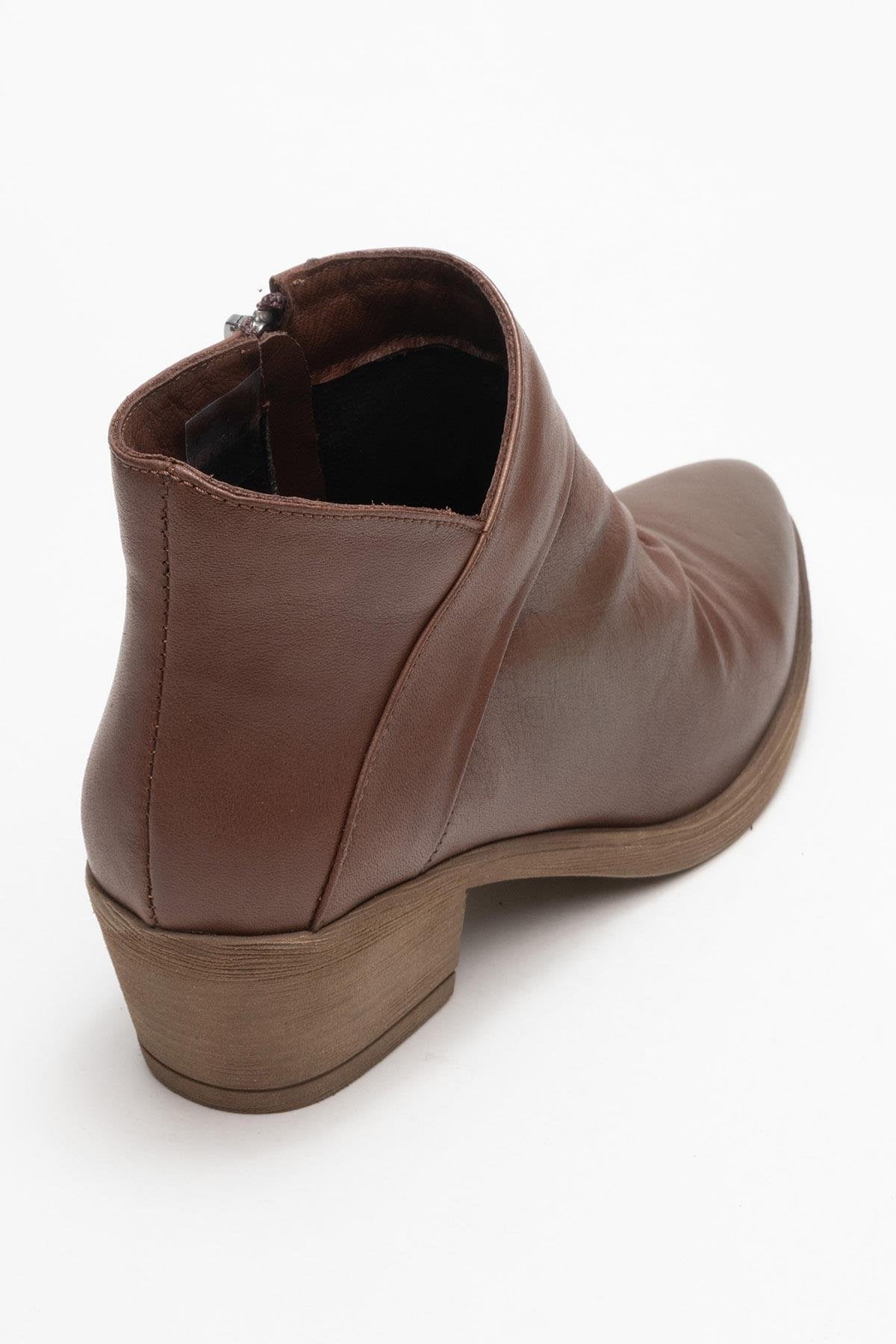 Rule - Brown Genuine Leather Block Heel Ankle Boot – back view showing leather, Vowalisse