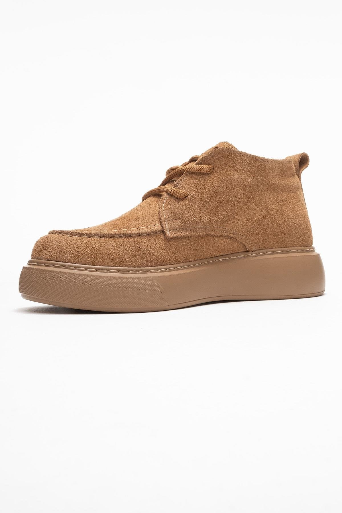 Lilya - Taupe Genuine Suede Leather Chukka Boot – heel view showing leather, suede, Vowalisse