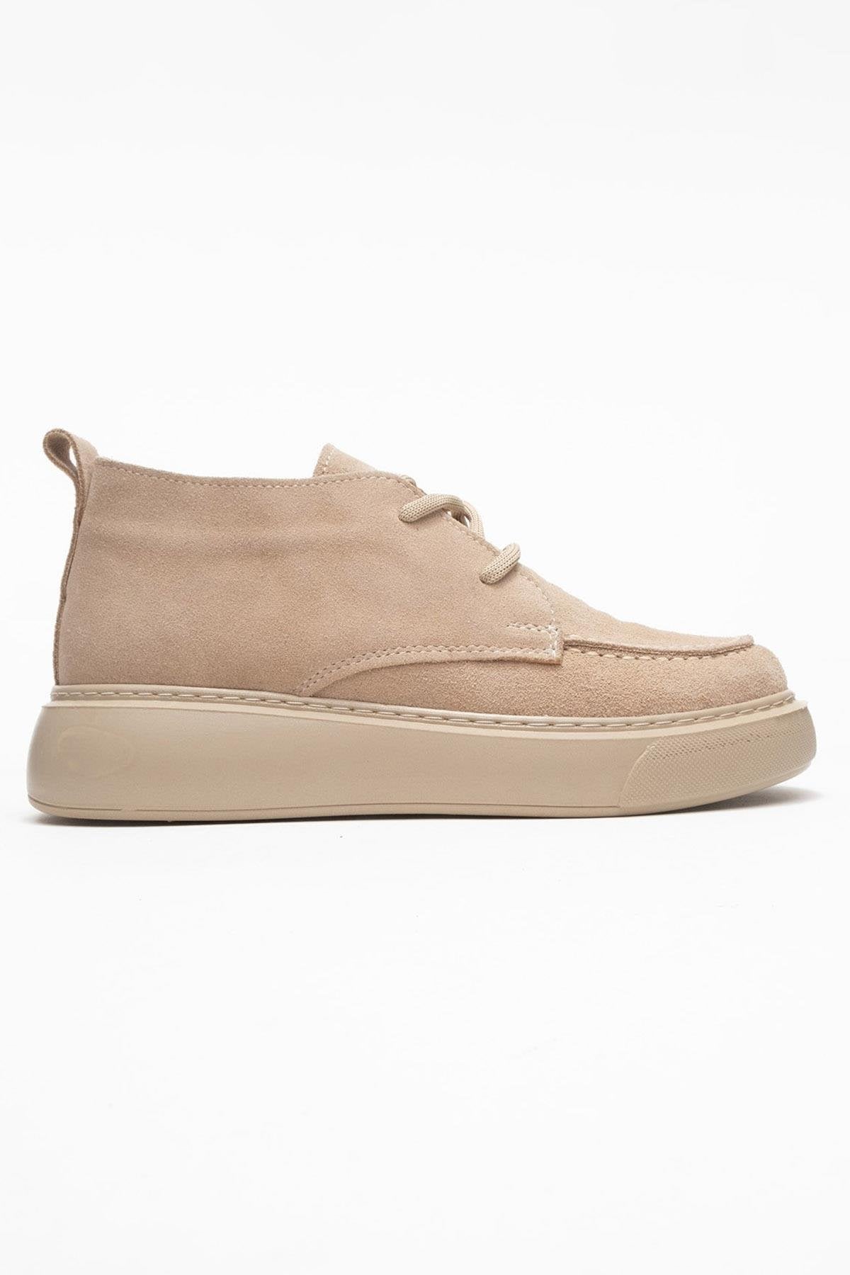 Lilya - Taupe Genuine Suede Leather Chukka Boot – top view showing leather, suede, Vowalisse