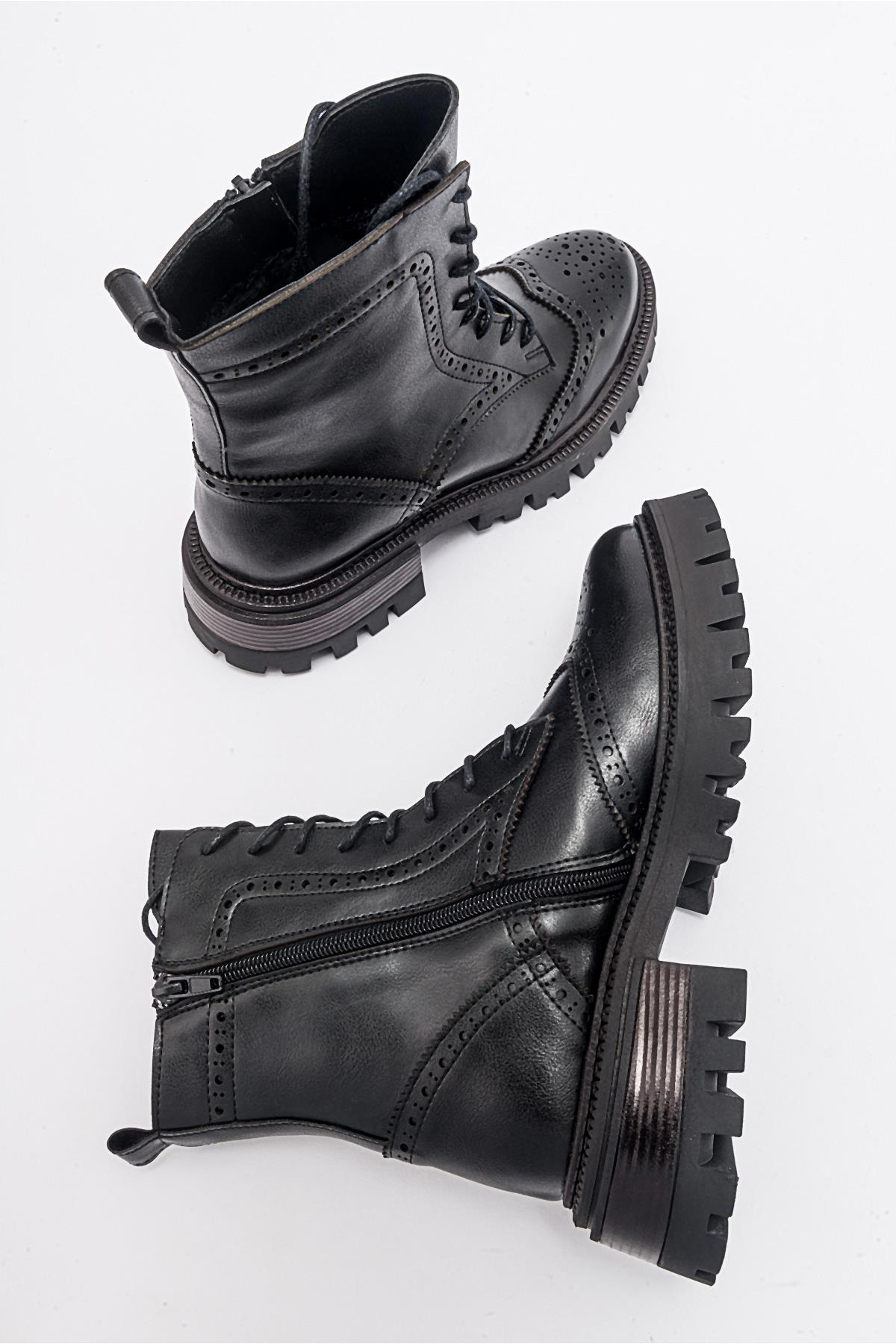 Coralo Black Lace‑Up Combat Boot – side view showing lace, leather, black, Vowalisse
