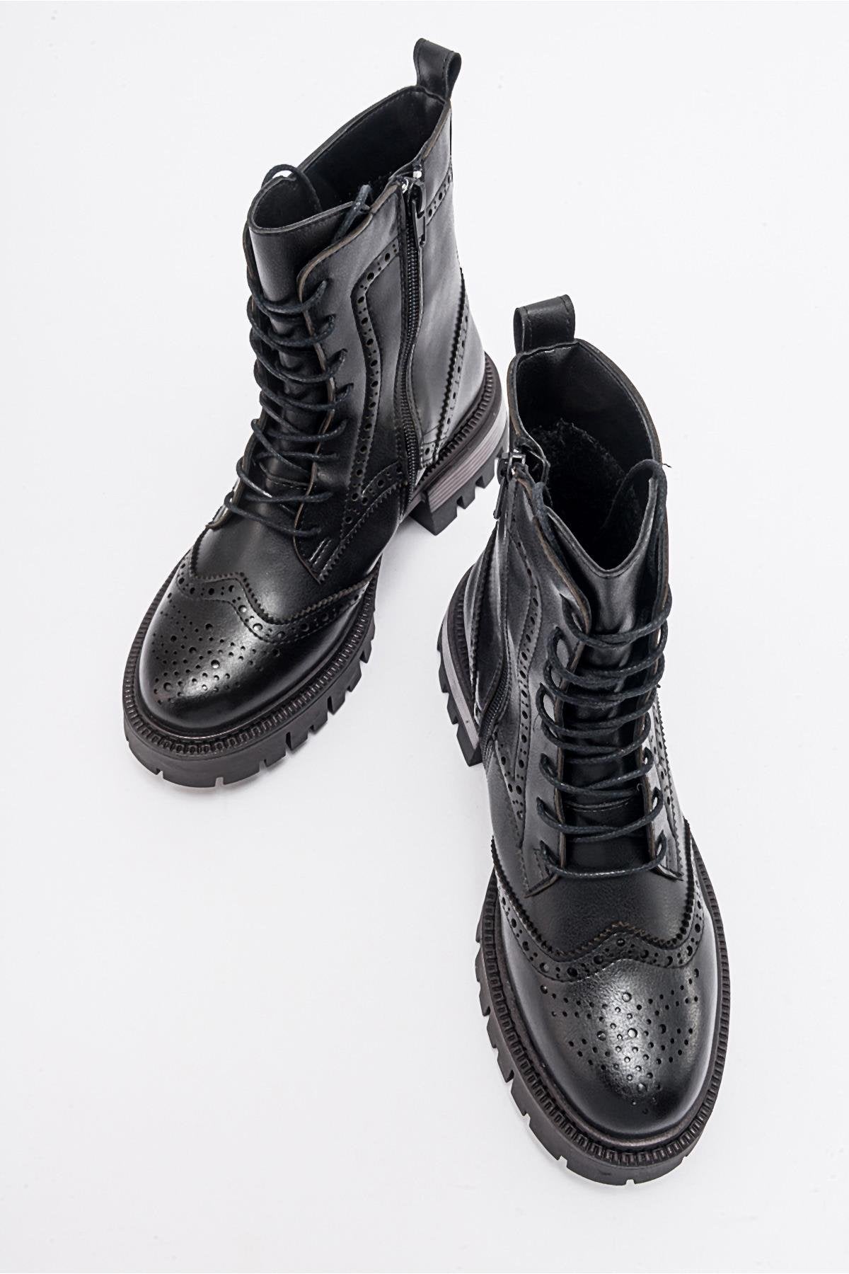 Coralo Black Lace‑Up Combat Boot – detail view showing lace, leather, black, Vowalisse