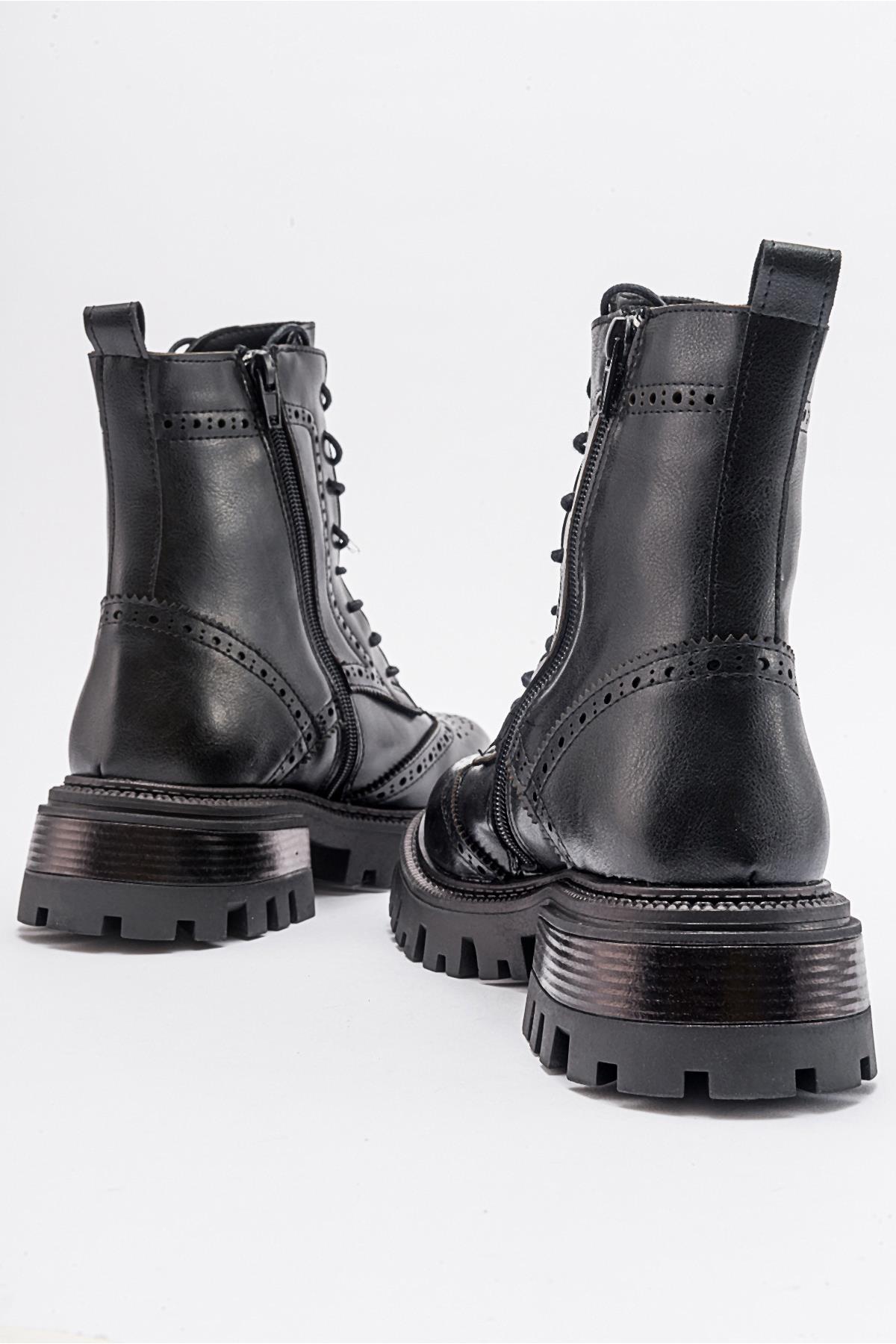 Coralo Black Lace‑Up Combat Boot – back view showing lace, leather, black, Vowalisse