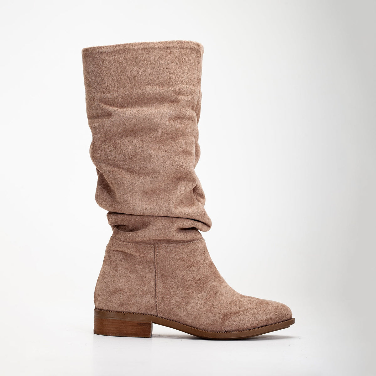 Maribel - Dark Beige Suede Slouchy Boots – front three-quarter view showing suede, red, Vowalisse