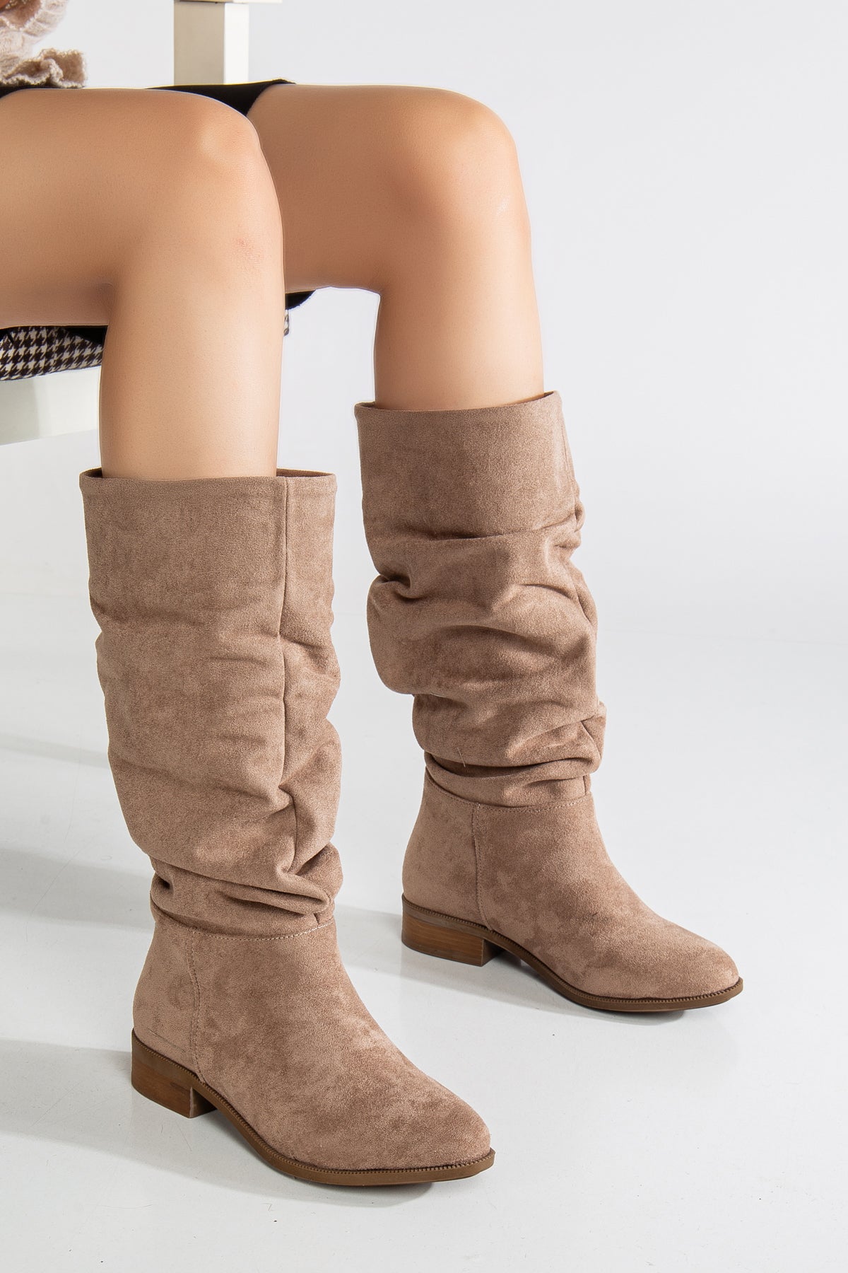 Maribel - Dark Beige Suede Slouchy Boots – back view showing suede, red, Vowalisse