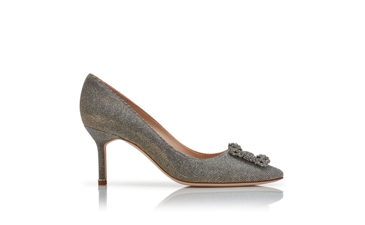 Magnolia Dream Gold Jewel Buckle Pumps – side profile showing gold jewel buckle, crystal buckle, almond toe, Vowalisse