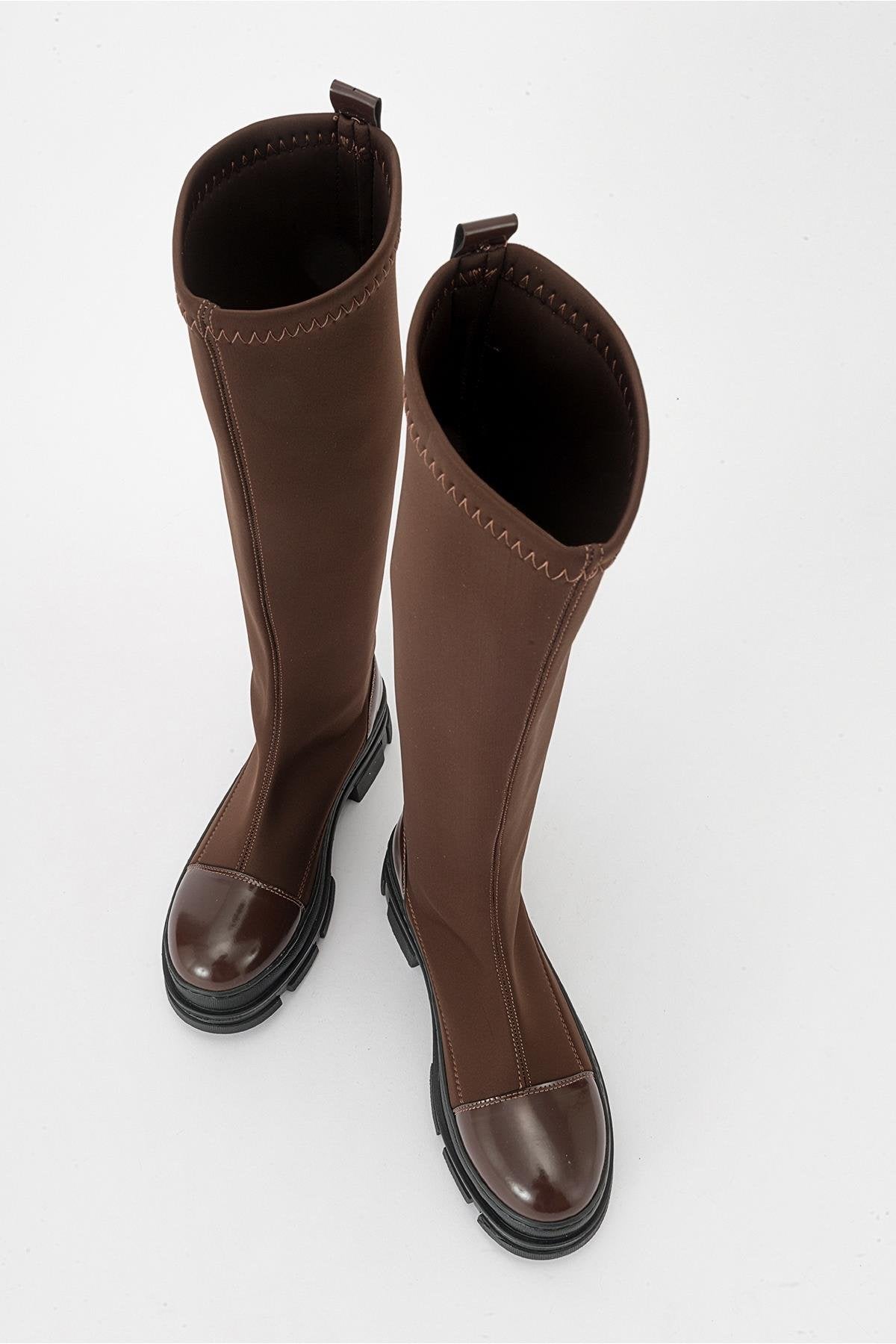 Bella Brown Scuba Boot – detail view showing leather, Vowalisse
