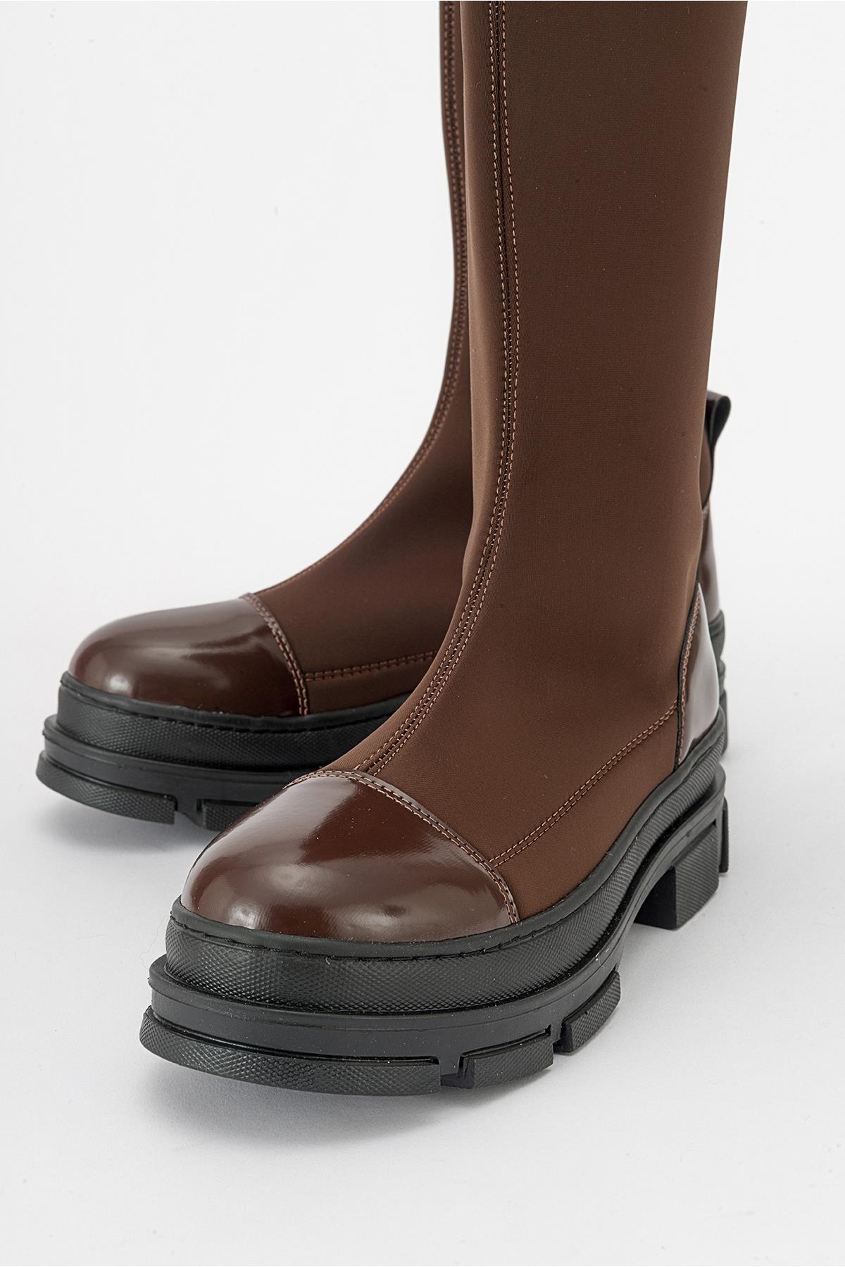 Bella Brown Scuba Boot – back view showing leather, Vowalisse