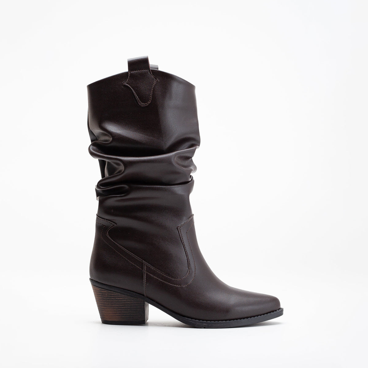 Bonnie - Dark Brown Slouch Western Boots – front three-quarter view showing red, Vowalisse