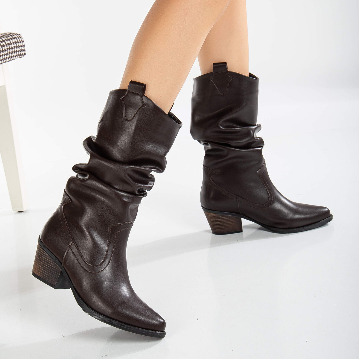 Bonnie - Dark Brown Slouch Western Boots – detail view showing red, Vowalisse