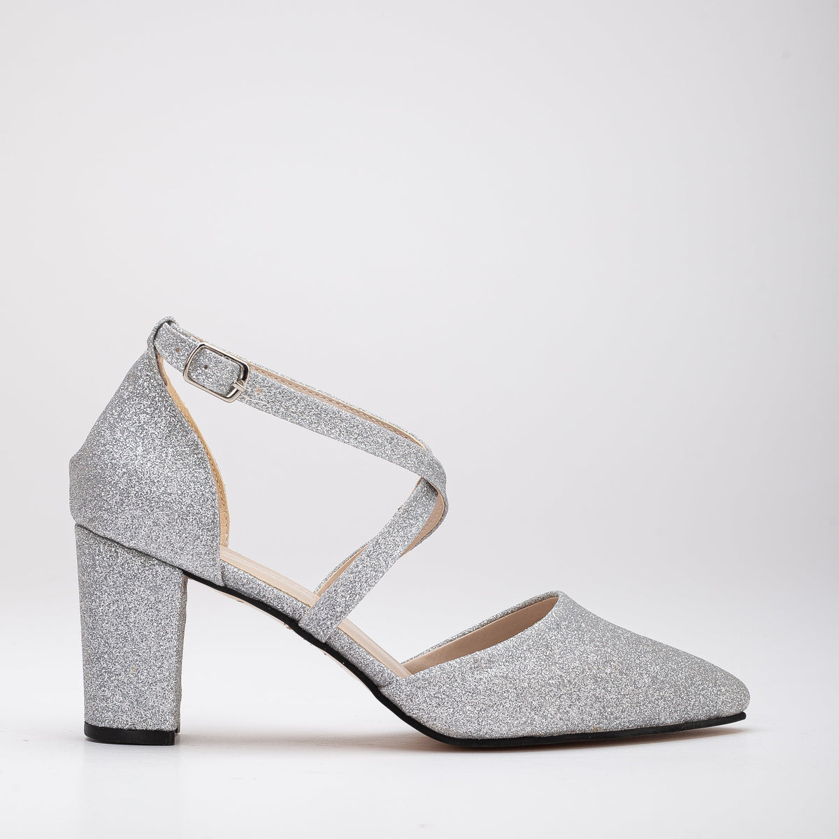 Sina - Silver Sparkling Wedding Shoes – front three-quarter view showing glitter, silver, Vowalisse