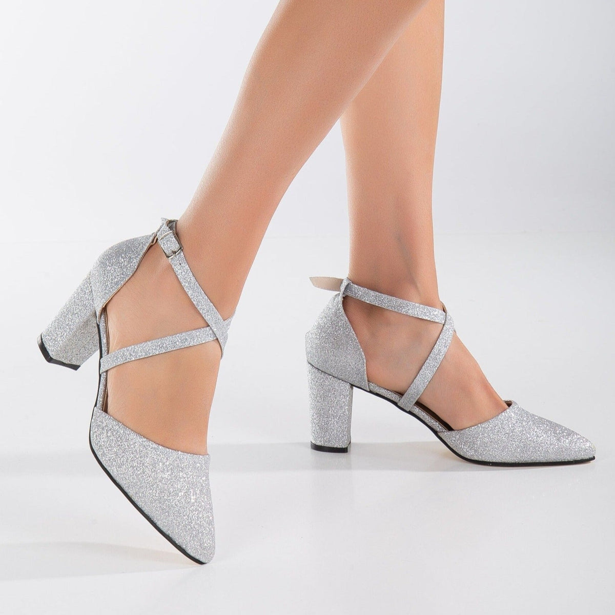 Sina - Silver Sparkling Wedding Shoes – side view showing glitter, silver, Vowalisse