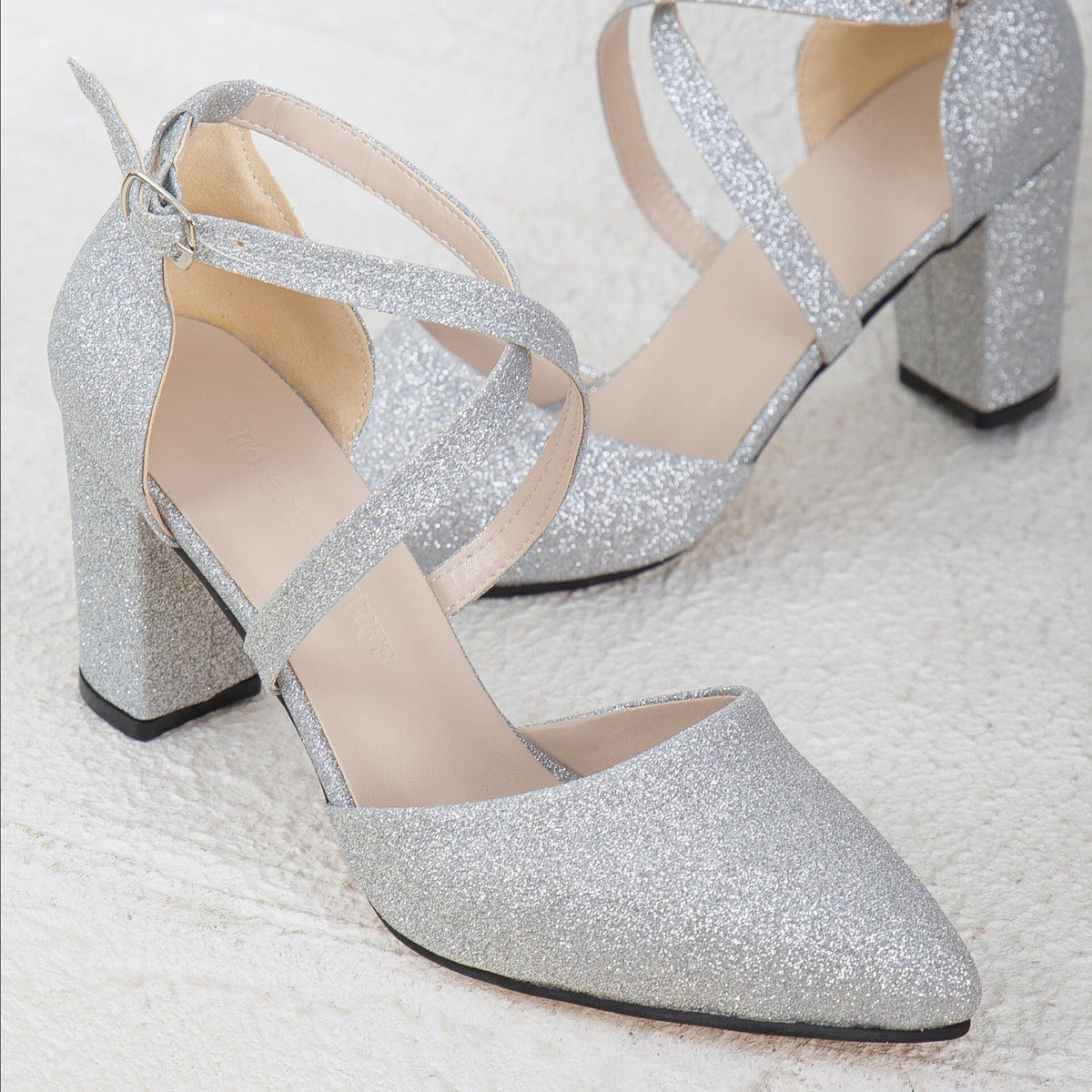 Sina - Silver Sparkling Wedding Shoes – detail view showing glitter, silver, Vowalisse