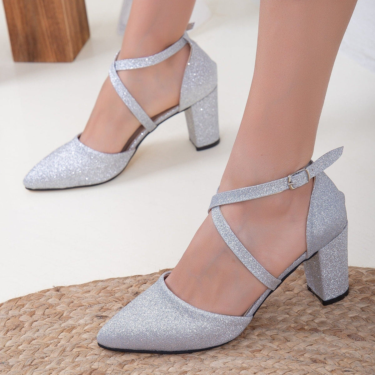 Sina - Silver Sparkling Wedding Shoes – heel view showing glitter, silver, Vowalisse