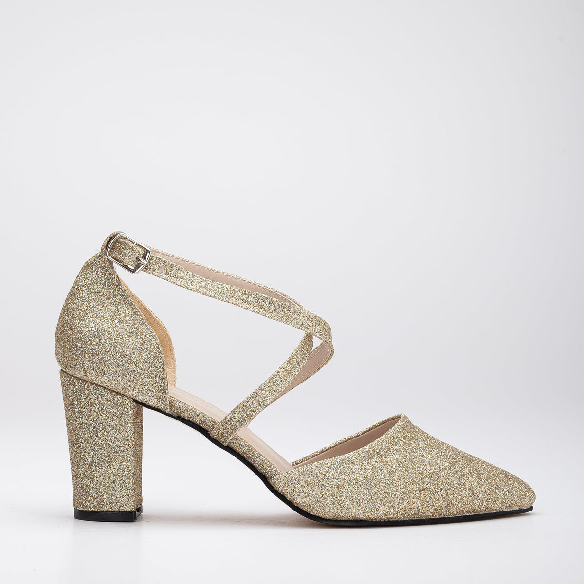 Sina - Gold Glitter Wedding Shoes – front three-quarter view showing glitter, gold, Vowalisse