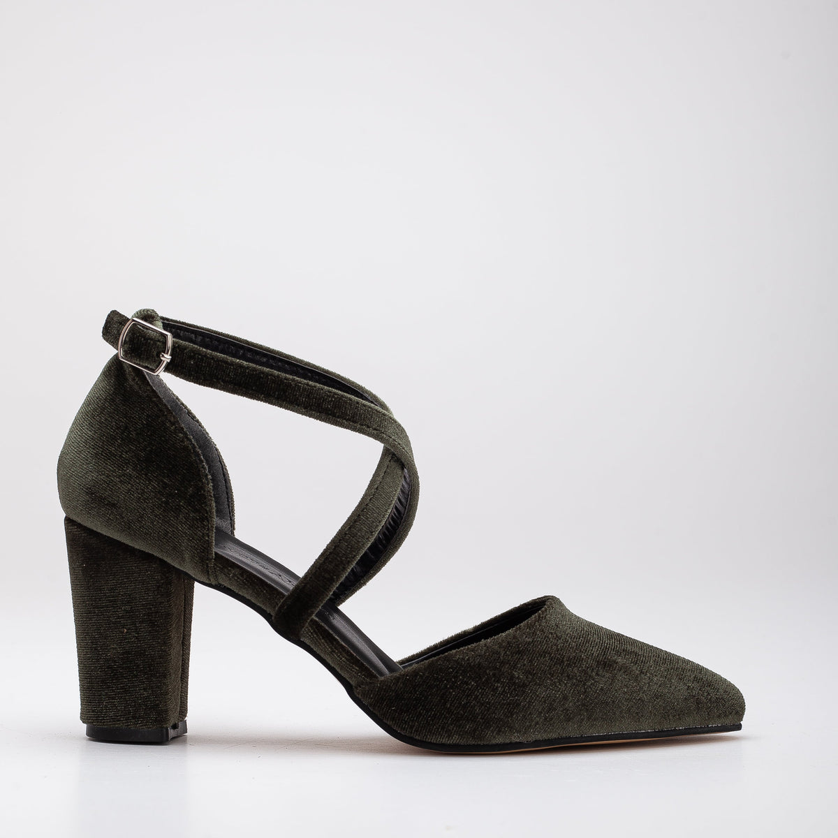 Sina - Olive Green Velvet Heels – front three-quarter view showing velvet, green, Vowalisse