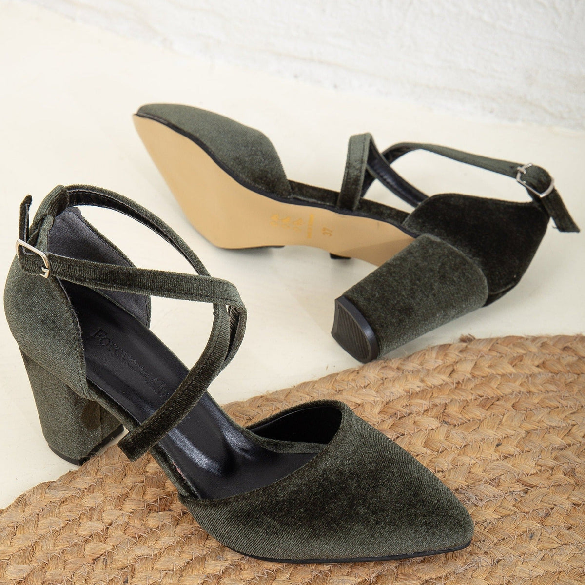 Sina - Olive Green Velvet Heels – back view showing velvet, green, Vowalisse