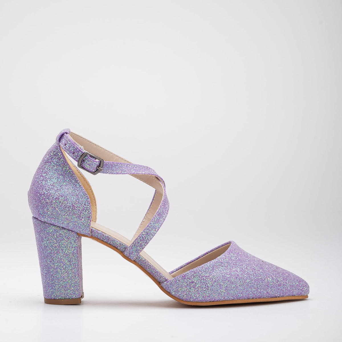 Sina - Lilac Glitter Wedding Shoes – front three-quarter view showing glitter, Vowalisse