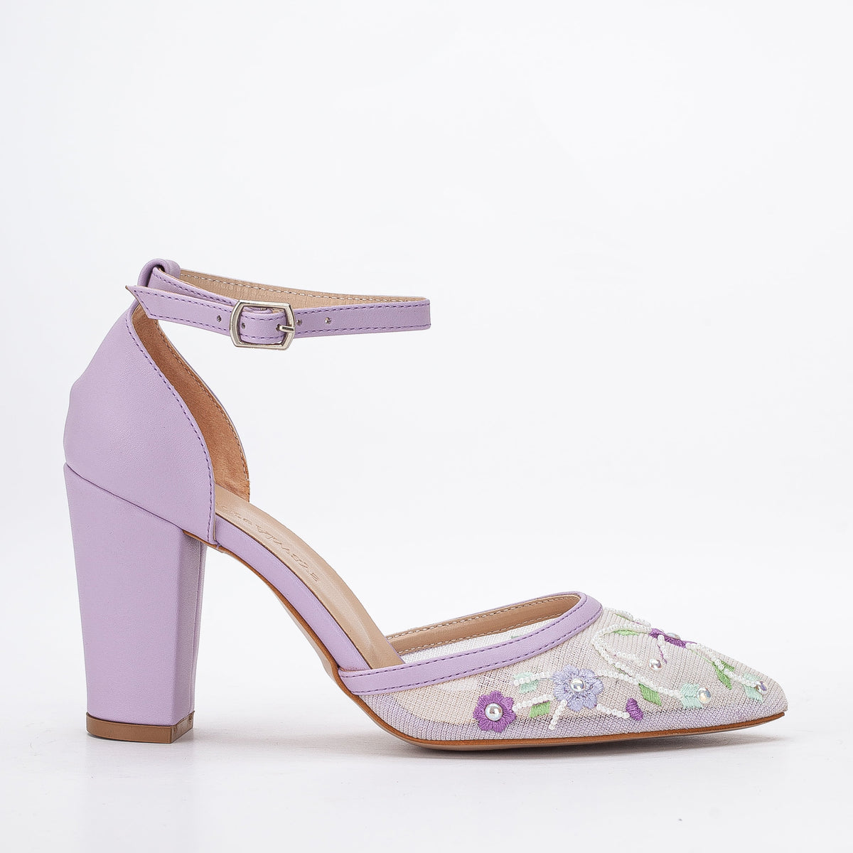 Lorraine - Lavender Floral Lace Wedding Shoes – front three-quarter view showing pearl, lace, leather, Vowalisse