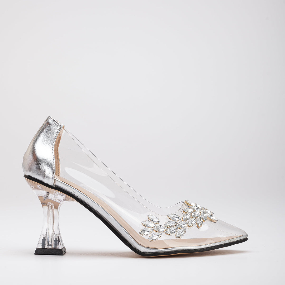Cinderella - Silver Transparent High Heels – front three-quarter view showing silver, Vowalisse