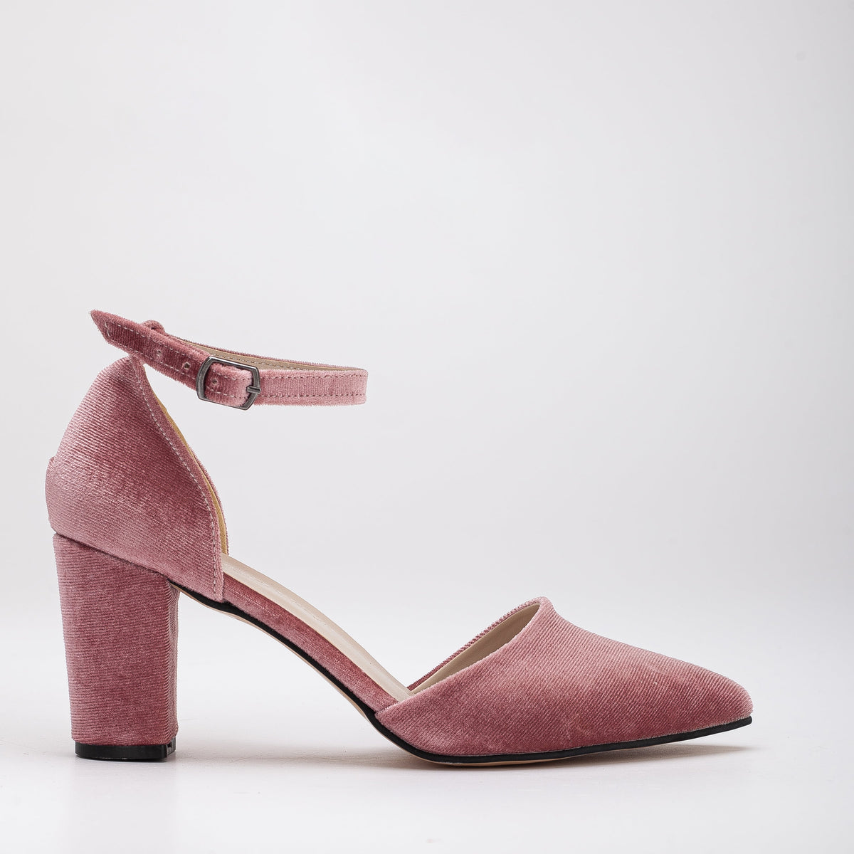 Gisele - Rose Velvet High Heels – front three-quarter view showing velvet, pink, Vowalisse