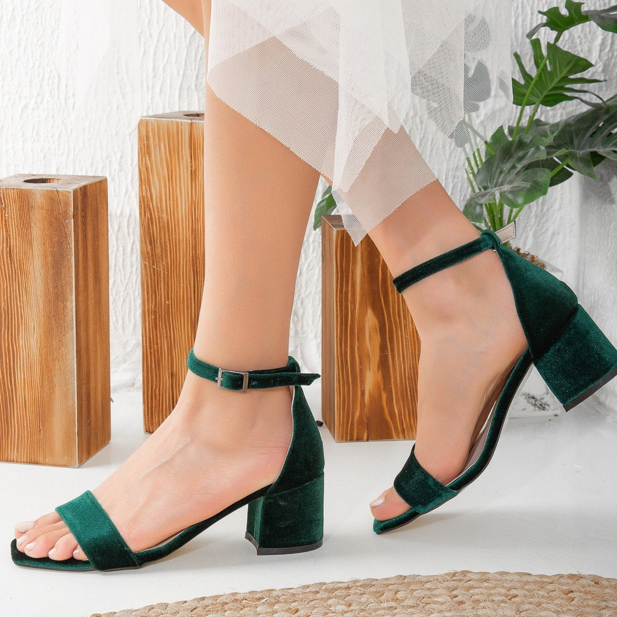 Hera - Emerald Green Sandals with Ribbon – pair view showing satin, velvet, red, Vowalisse