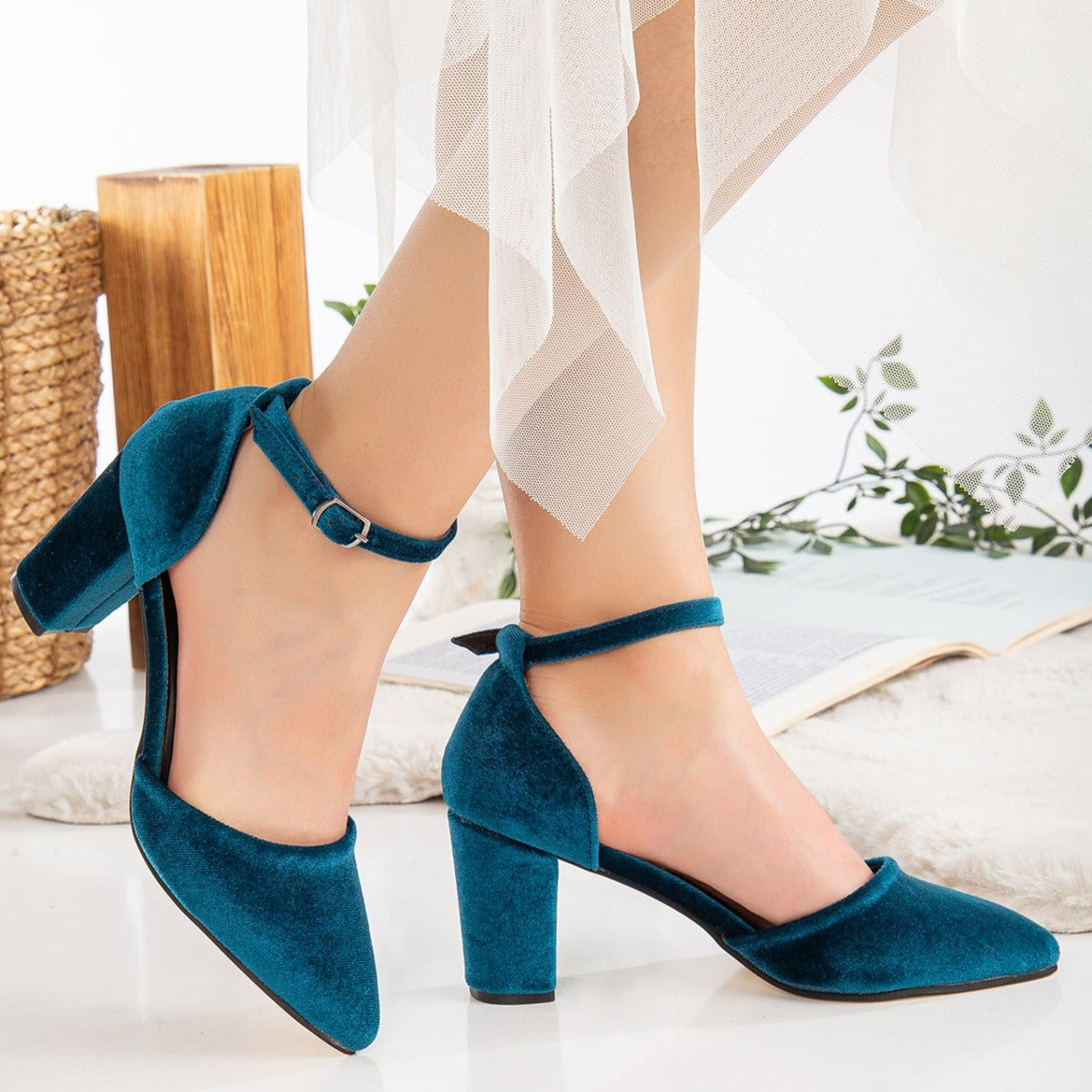 Gisele - Teal Blue Velvet High Heels – heel view showing velvet, blue, Vowalisse