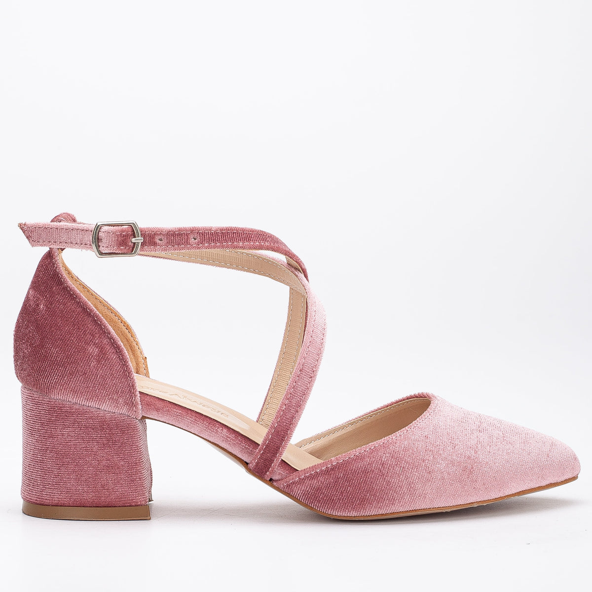 Dolly - Rose Velvet Low Heels – front three-quarter view showing velvet, pink, Vowalisse