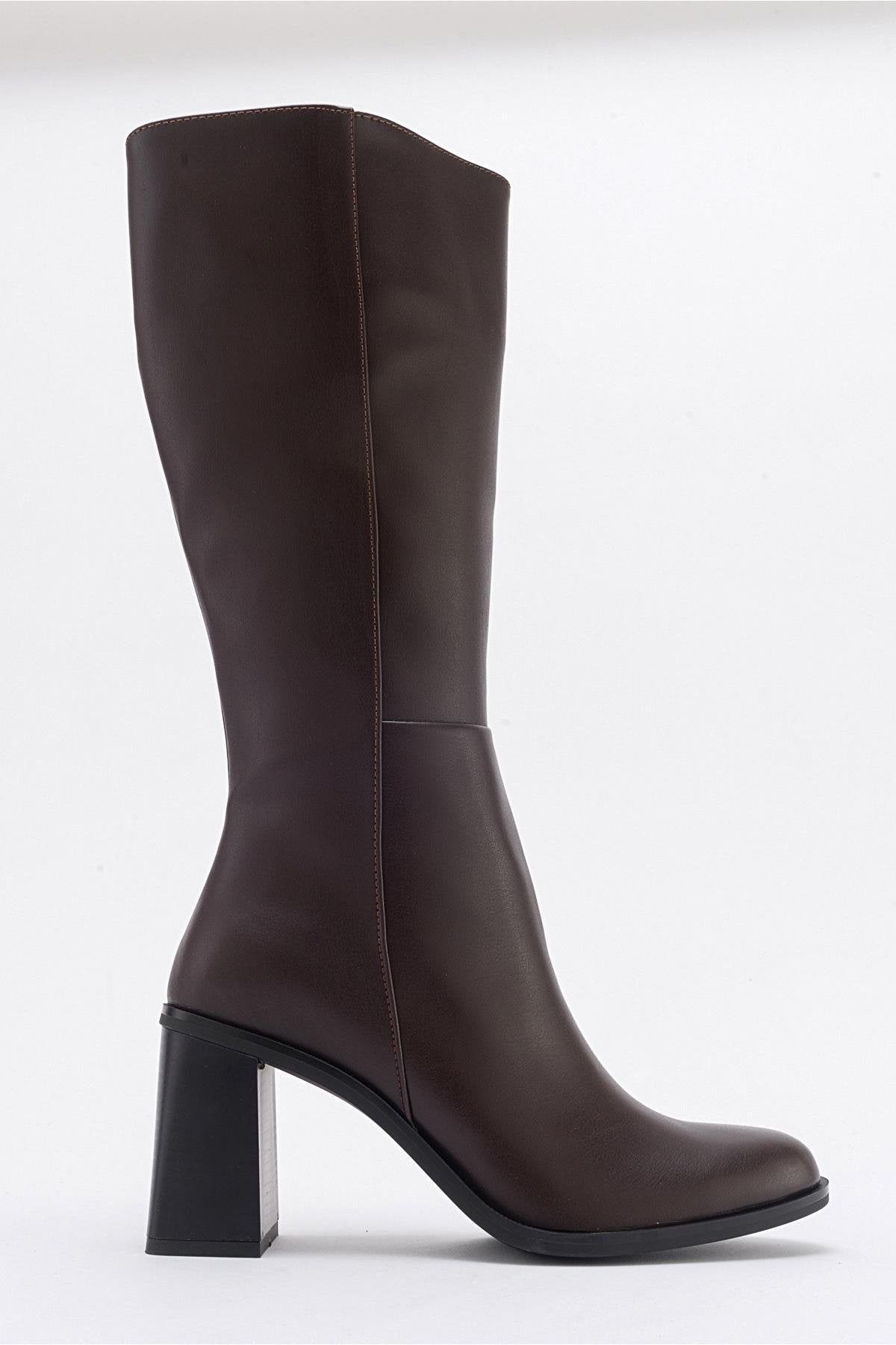 Maranta - Brown Heeled Knee-High Boot – top view showing leather, Vowalisse